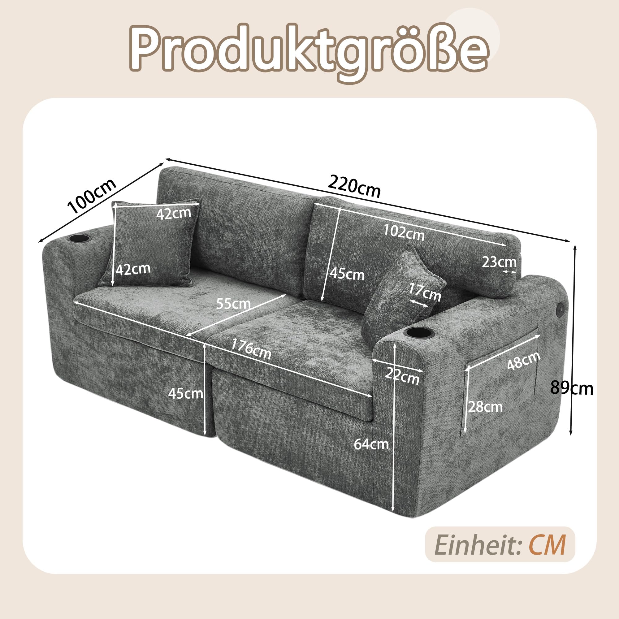 Sofá modular de 2 plazas Boneless con función de dormir de chenilla, color