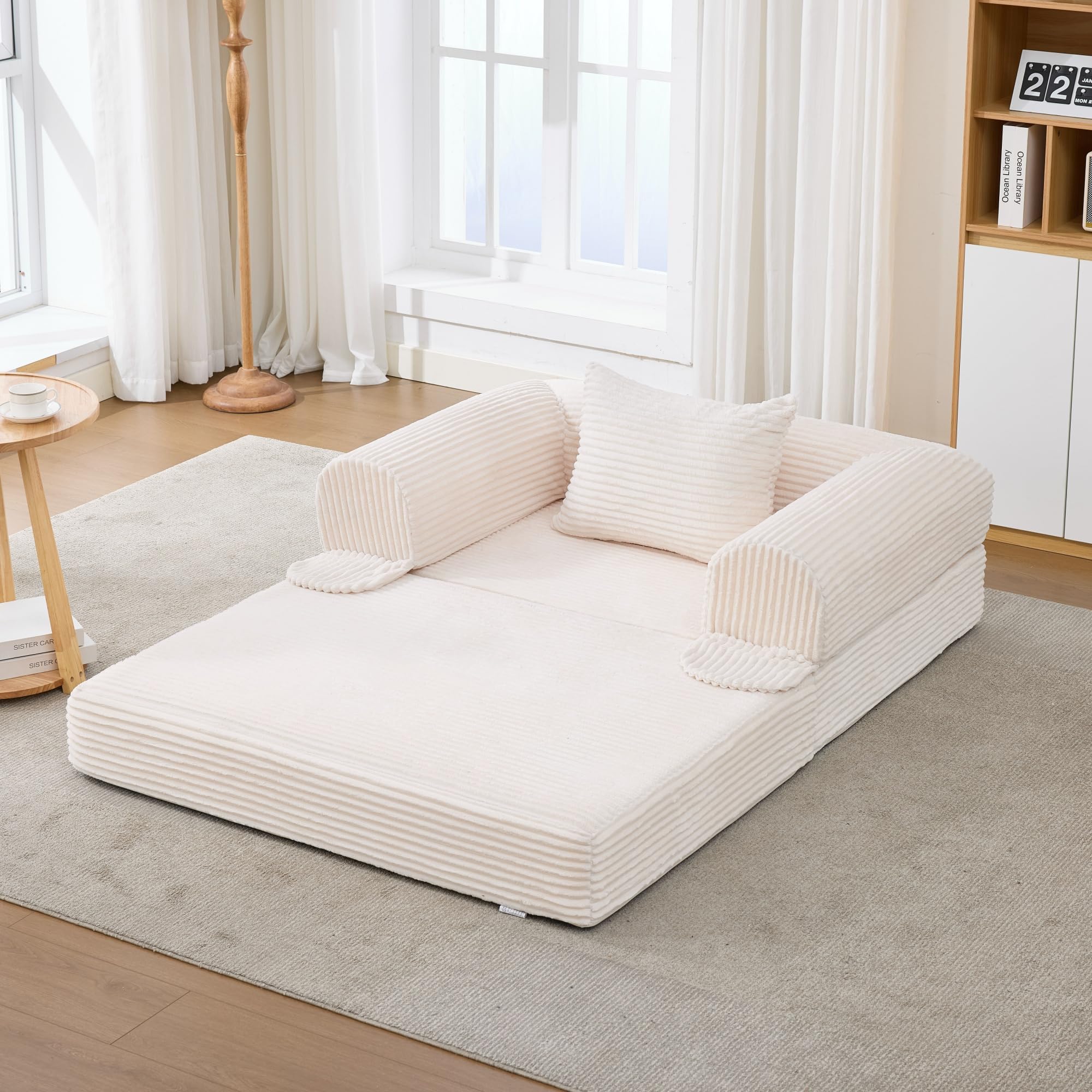 Canapé Convertible 1 Place en Velours Côtelé, Fauteuil Convertible en Lit D'appoint, Canapé Lit Modulable avec Coussin et Poches Latérales, Mousse Haute Densité, Petit Espace Beige-1