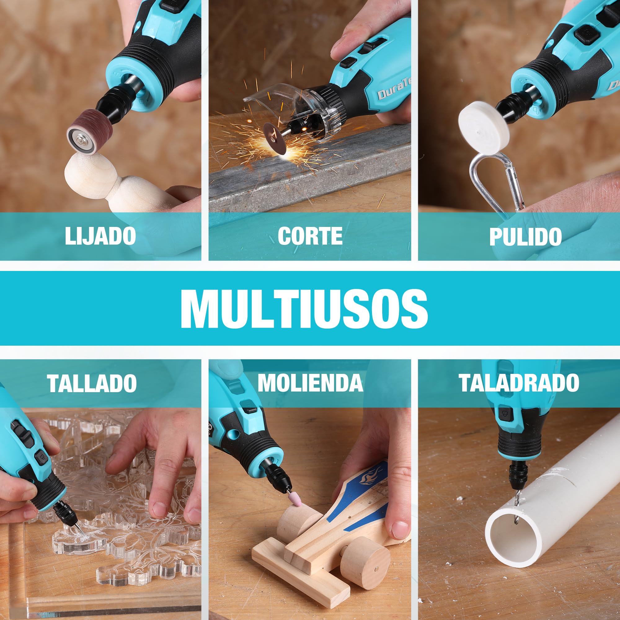 DURATECH Amoladora Inalámbrica de 12V, Multiherramienta Recargable de 35000RPM, Herramienta Rotativa con 118 Accesorios, 7 Velocidades Variables, para Cortar, Tallar, Grabar, Perforar