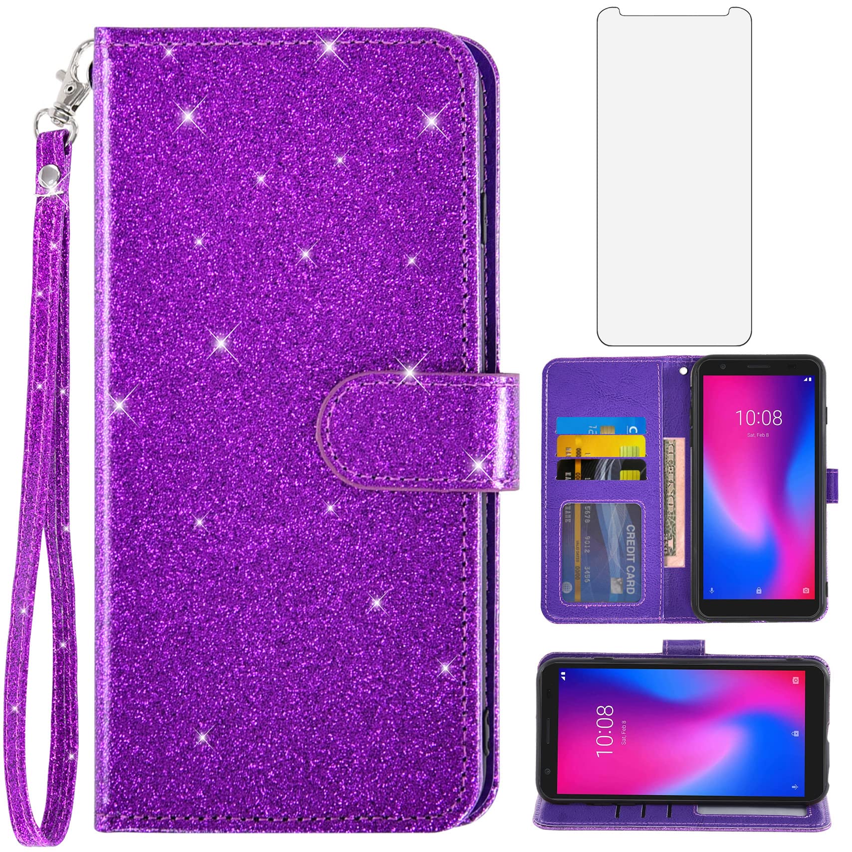 Asuwish Phone Case for ZTE Avid 579 Z5156CC with Tempered Glass Screen Protector and Glitter Wallet Cover Card Holder Slot Kickstand Cell Accessories Protective Flip ZTE Blade A3 2020/A3 Joy Purple