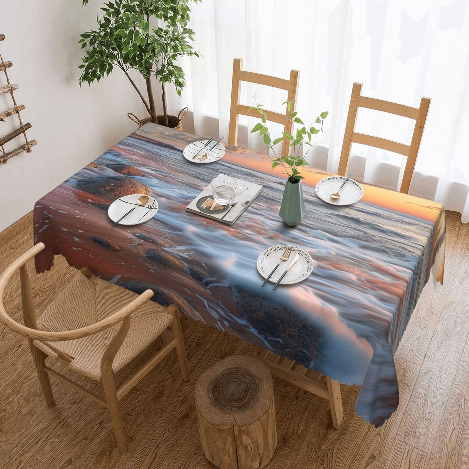 Beach Maui Hawaii Sunset Sea Waves Clouds Printed Rectangle Tablecloth 72x54 Inch with Lace Trim, Water-Resistant Washable Table Cover for Farmhouse Weddings, Outdoor Picnics & Holiday Dining
