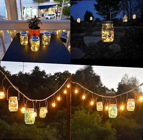 Miniatura 7 de Paquete de 4 luces solares para tarros de hadas, 30 luces LED para decoración de tarros de masón, luces de luciérnaga, para exteriores, patio,