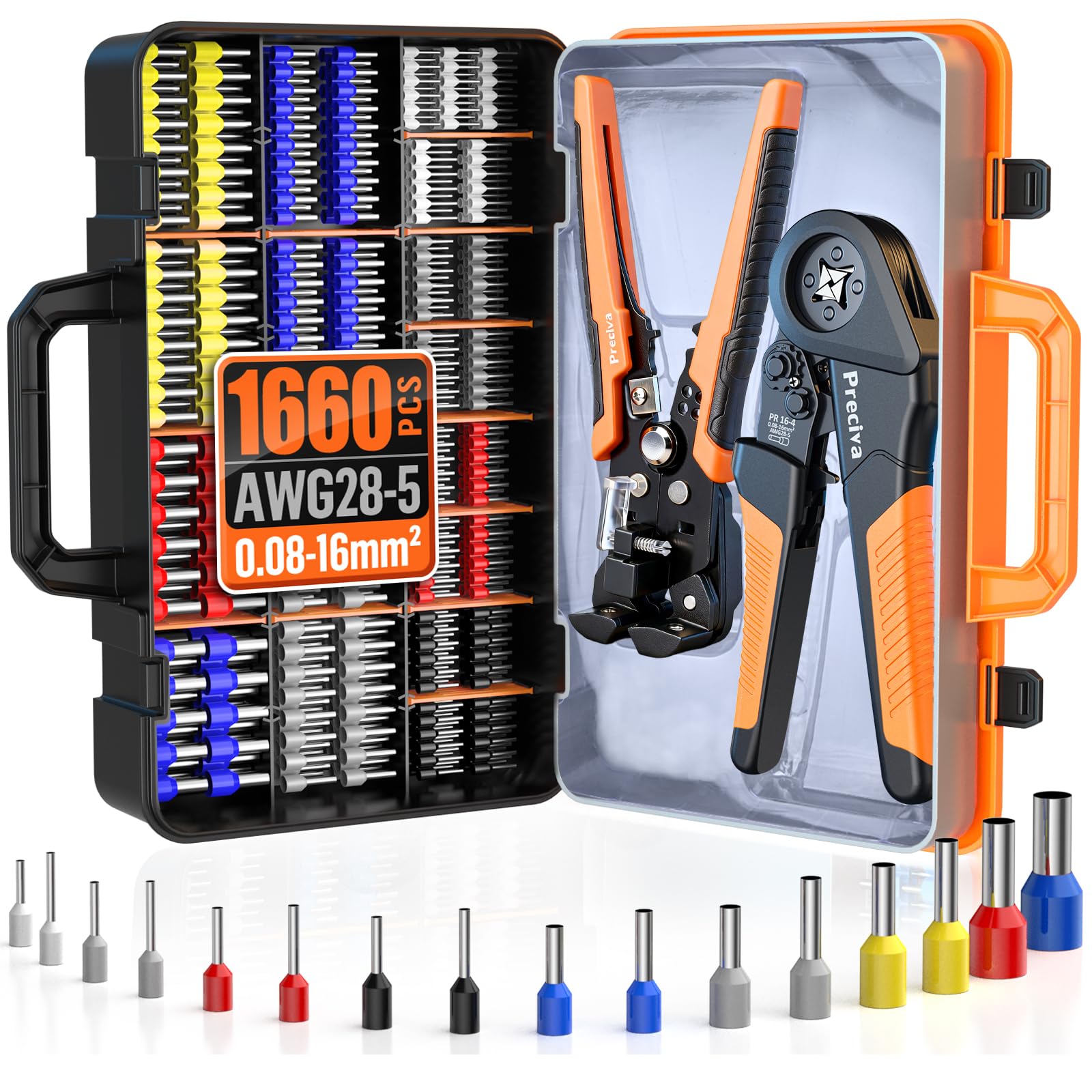 Preciva Ferrule Crimping Tool Kit for 0.08-16mm² (AWG28-5) Wires, with Wire Stripper and 1660PCS Connector Sleeves, Ergonomic Wire Crimping Tool for Household Industrial Electrical