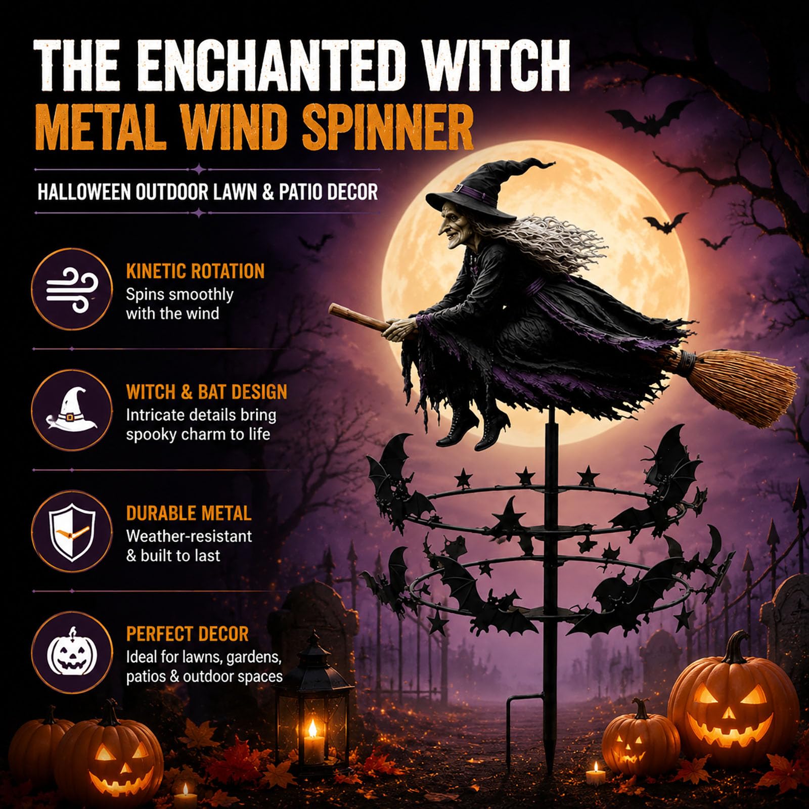 Zaczarowany magiczny wiatraczek ogrodowy czarownicy, dekoracje na Halloween | Latająca wiedźma i wiatrak nietoperza, stabilny słupek gruntowy, do ścieżki trawnika na patio(2pcs)