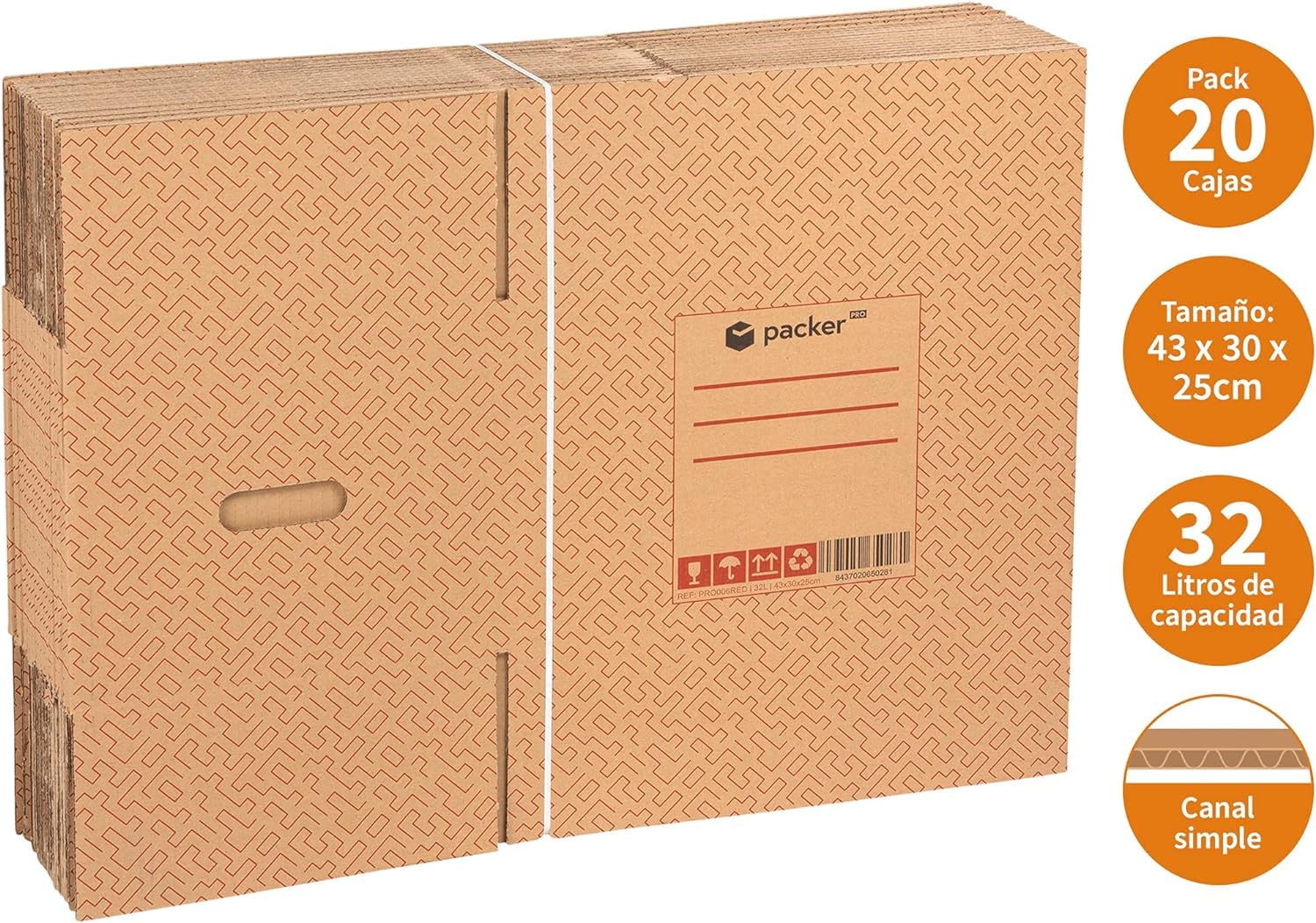 packer PRO Lot de 20 Boîtes en Carton pour Déménagement et Rangement avec Poignées, Carton Ultra Résistant, 430 x 300 x 250 mm