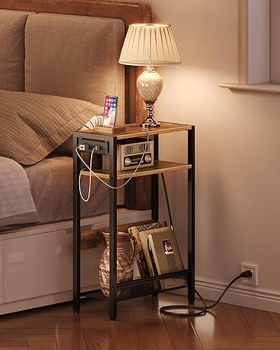 Miniatura 5 de Mesa auxiliar estrecha con estación de carga, mesa auxiliar pequeña, mesita de noche delgada para espacios pequeños, mesita de noche delgada con