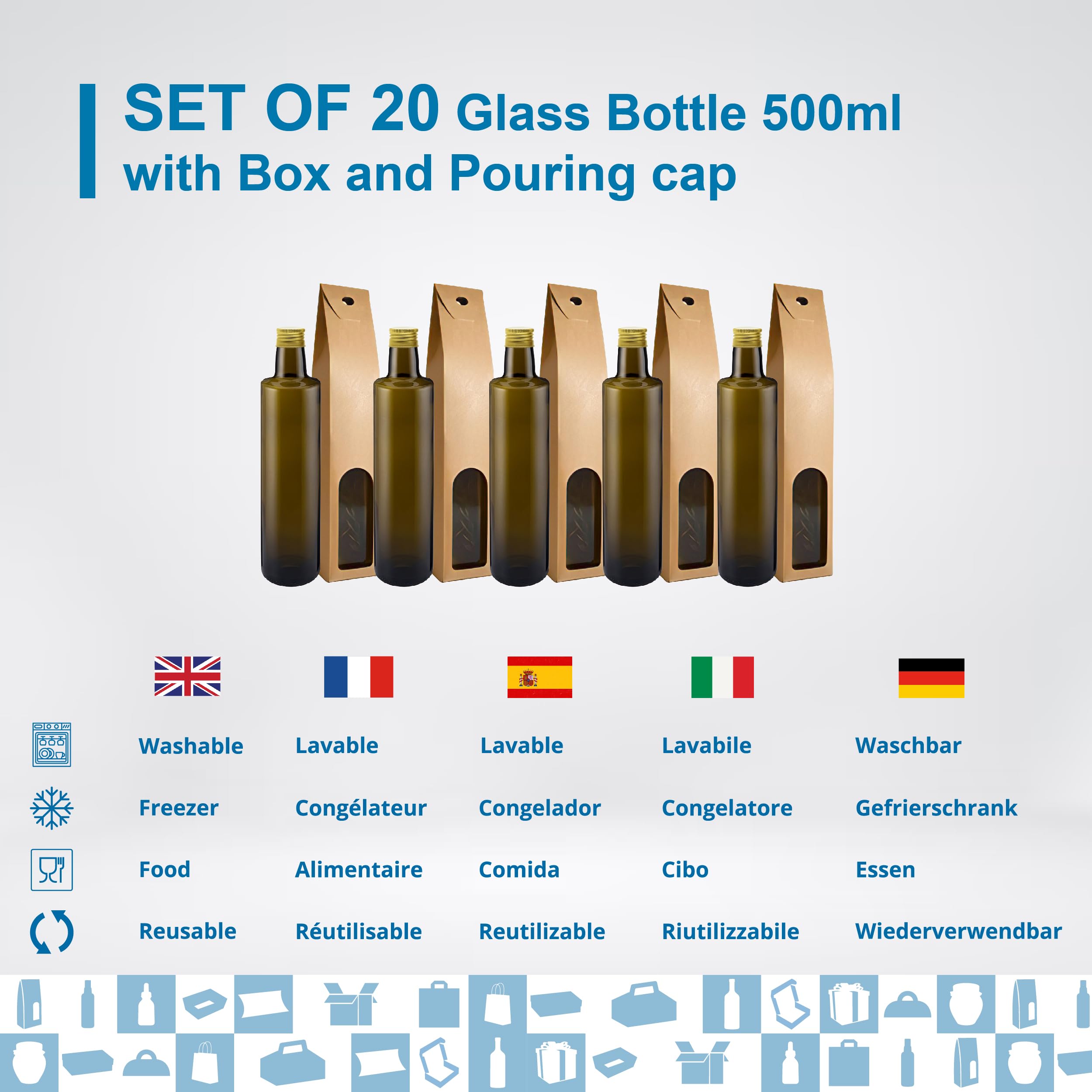 20 bottiglie di vetro scuro da 500 ml con tappo dorato e beccuccio + 20 scatole, oliera per olio d'oliva, aceto e salse Espirito Rebelde