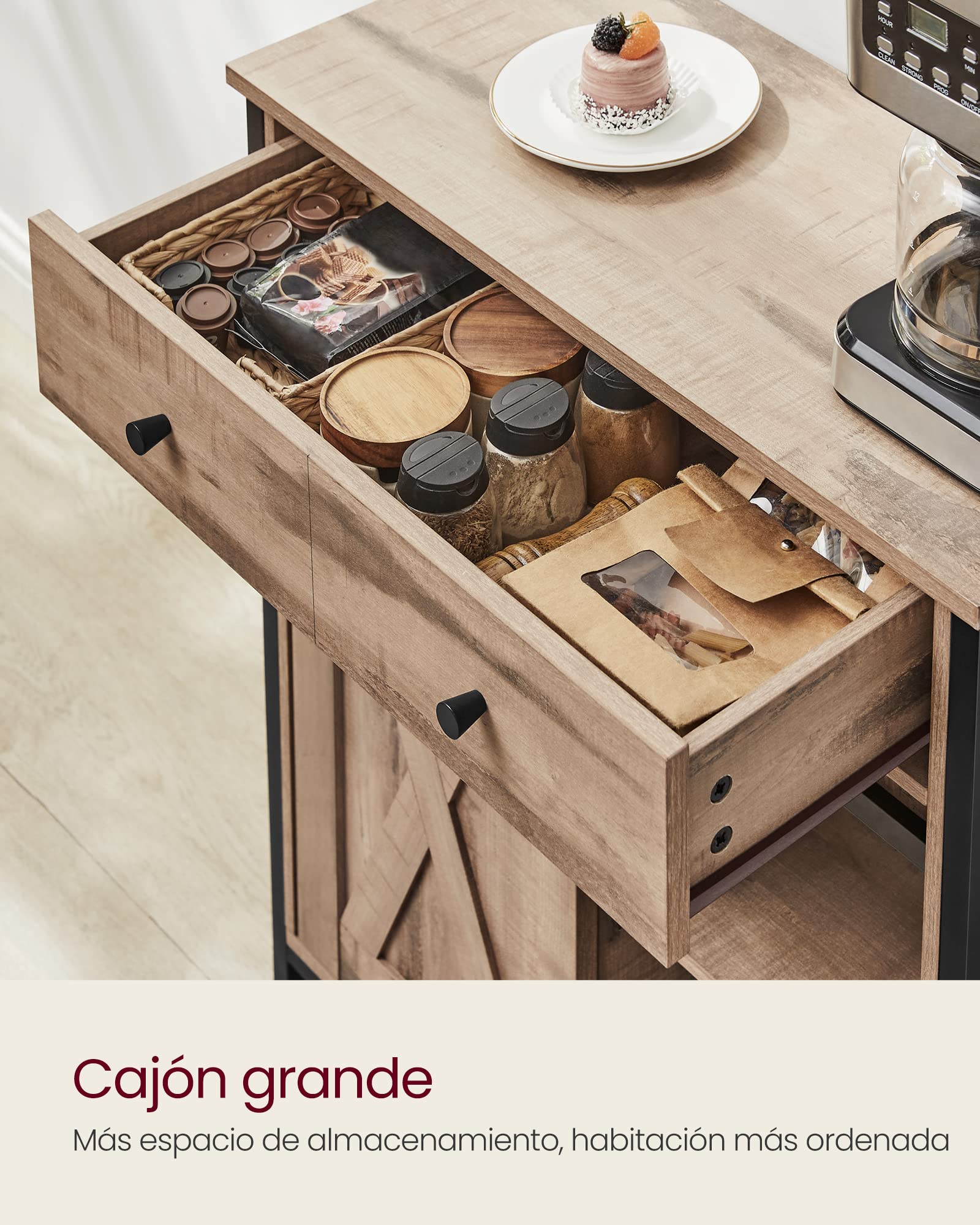 VASAGLE Mueble de Almacenamiento, Aparador, Armario de Cocina, con Puerta Corredera, 30 x 70 x 80 cm, Estante Ajustable, Estilo Rústico, para Sala de Estar, Marrón Roble y Negro LSC100B50 | VASAGLE Armario de almacenamiento, aparador, 30 x 70 x 80 cm, col