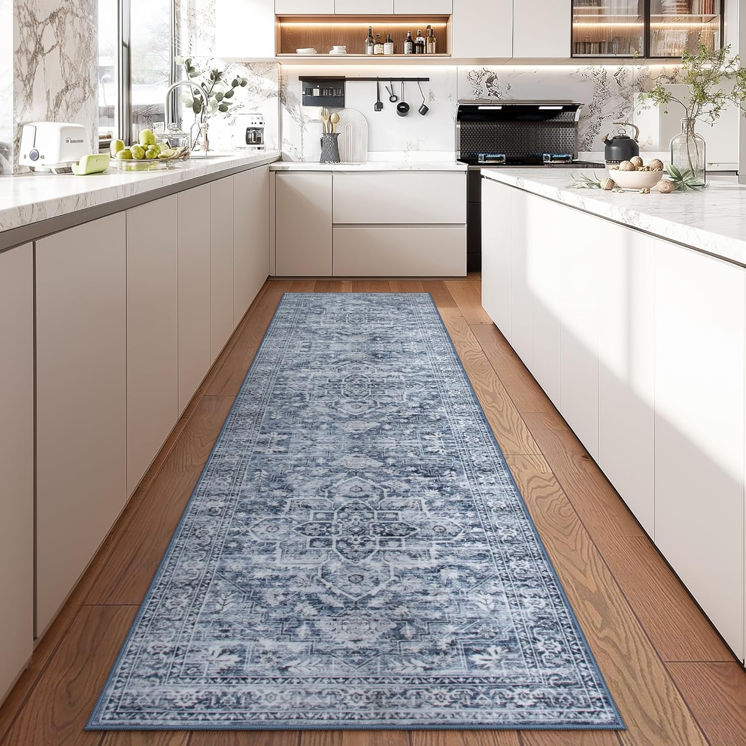 Lahome Oriental Runners for Hallways,2.5X8 Boho Blue Washable Runner Rug Non Slip Kitchen Runners, Vintage Soft Ultra Thin Carpet Runner for Bathroom Entryway ‎Laundry(2.5x8ft,Blue)