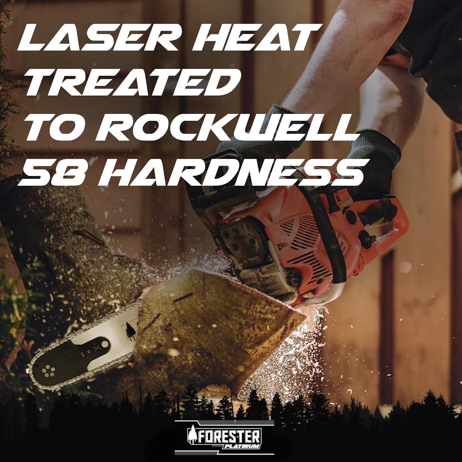Close-up of a chainsaw cutting wood, emphasizing the laser heat-treated guide bar