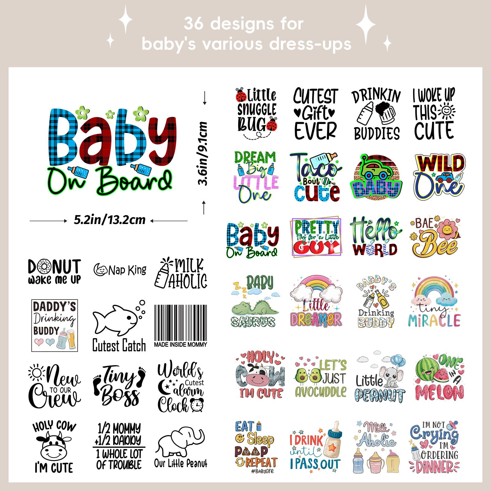 Decoraciones para baby shower, 36 hojas de parches termoadhesivos para ropa, divertidos juegos de baby shower, transferencias DTF, kit de decoración de una pieza listo para apretar para manualidades