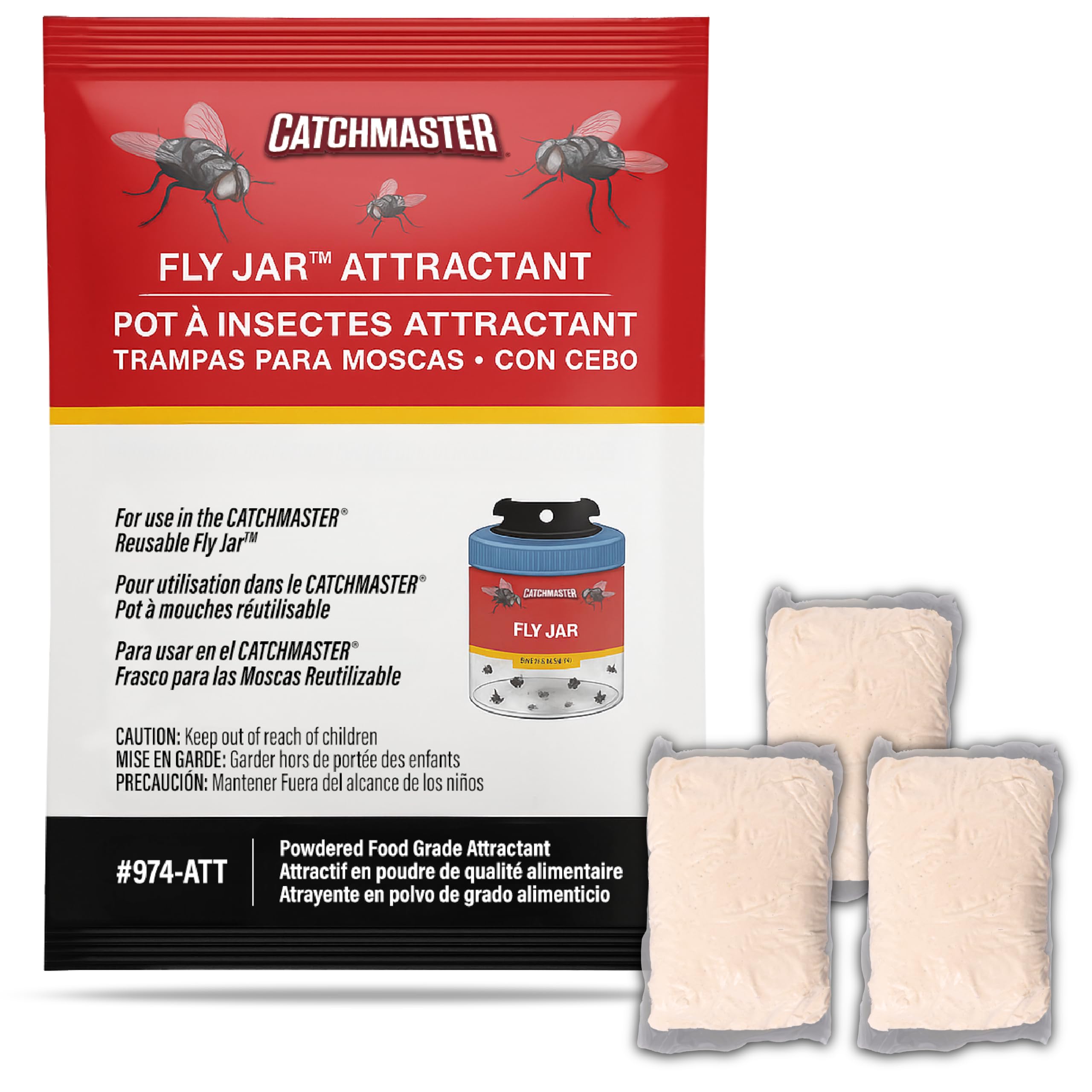 Catchmaster Reusable Fly Trap Outdoor Jar Refill 3-Pack Food-Based Lure, Bug Catcher and Flying Insect Trap Natural Attractant Refill for Pest Control, Bulk Fly Traps Attractant