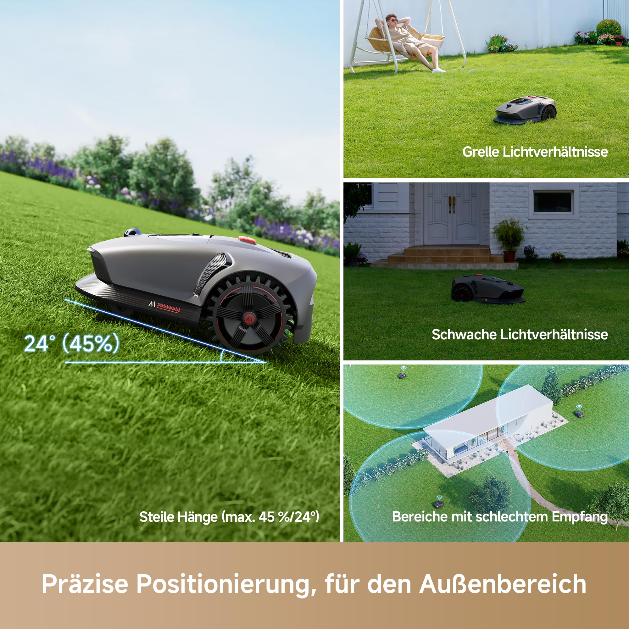 MOVA 1000, Mähroboter 360° 3D LiDAR kabellose Einrichtung & genaue Kartierung bis 1000 m², Mähroboter ohne Begrenzungskabel, Smarte Hindernisvermeidung, Verbesserte Geländeräder, U-förmiges Schneiden