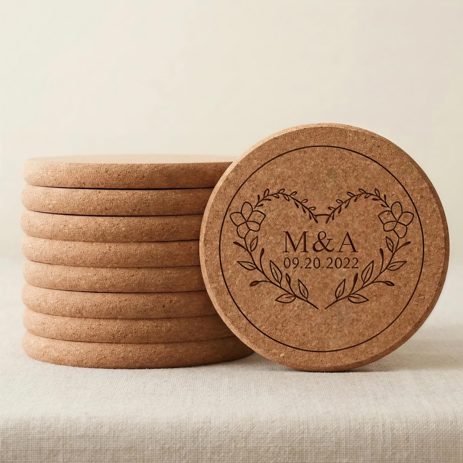 5-100 Pcs Personalized Cork Coasters For Wedding Favors, Custom Engraved Rustic Round Coasters For Bridal Shower, Party, Housewarming Gift