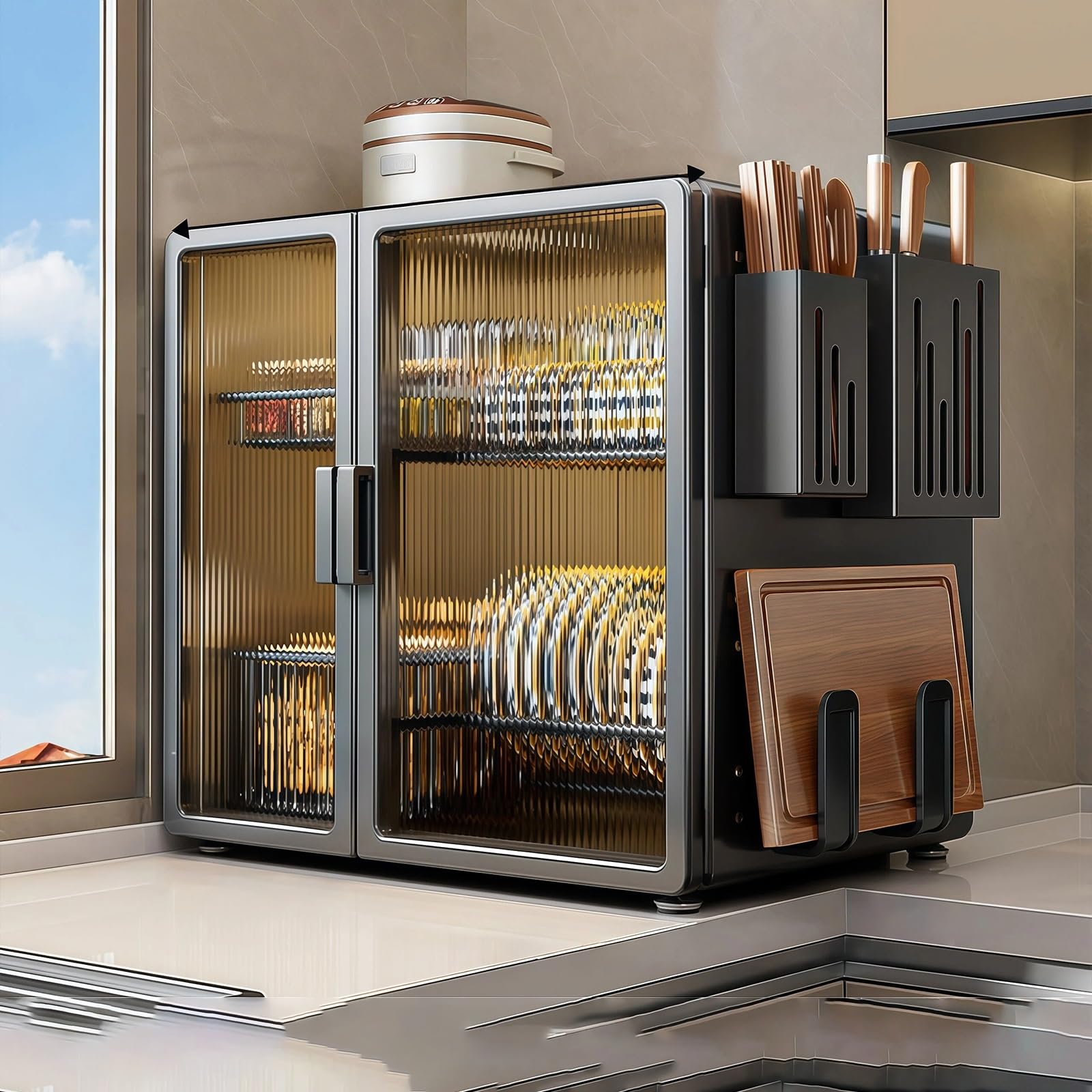 Escurridor de platos con puertas, Organizador de cocina a prueba de polvo | Diseño modular, Gran capacidad, Estructura de acero, Almacenaje vertical(Nero)