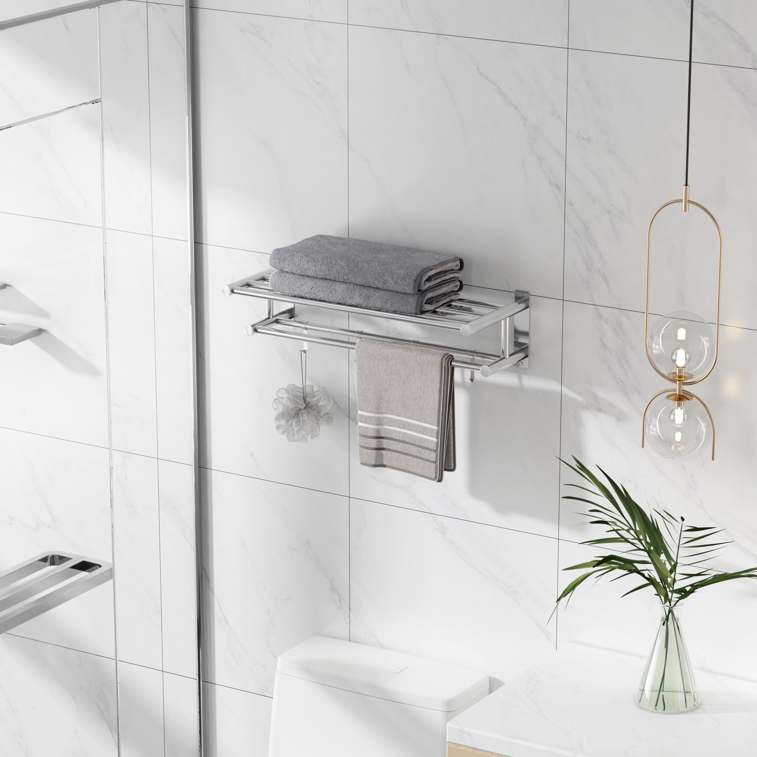 Eridanus Estante de Toallas, Toallero Doble de Acero Inoxidable SUS304 de Pared, Estantería de Almacenamiento para Baño con Barras y Ganchos(60x22,5x16cm)