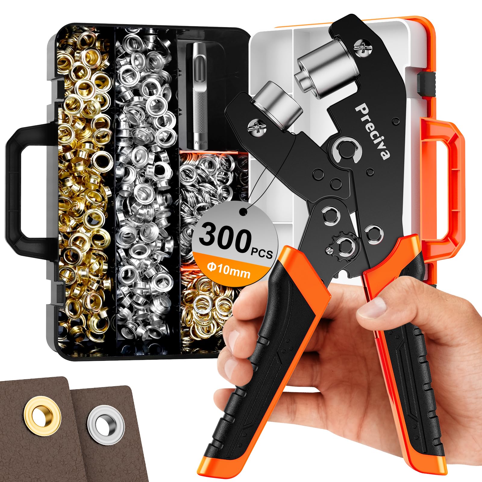 Eyelet Punch Tool Kit, Preciva Ratchet Grommet Tool Set with 300pcs 10mm Grommets(Gold/Silver) & Puch & Storage Case, Heavy Duty Hole Punch Pliers for Self-Locking for Canvas, Leather, Tarps, Fabric