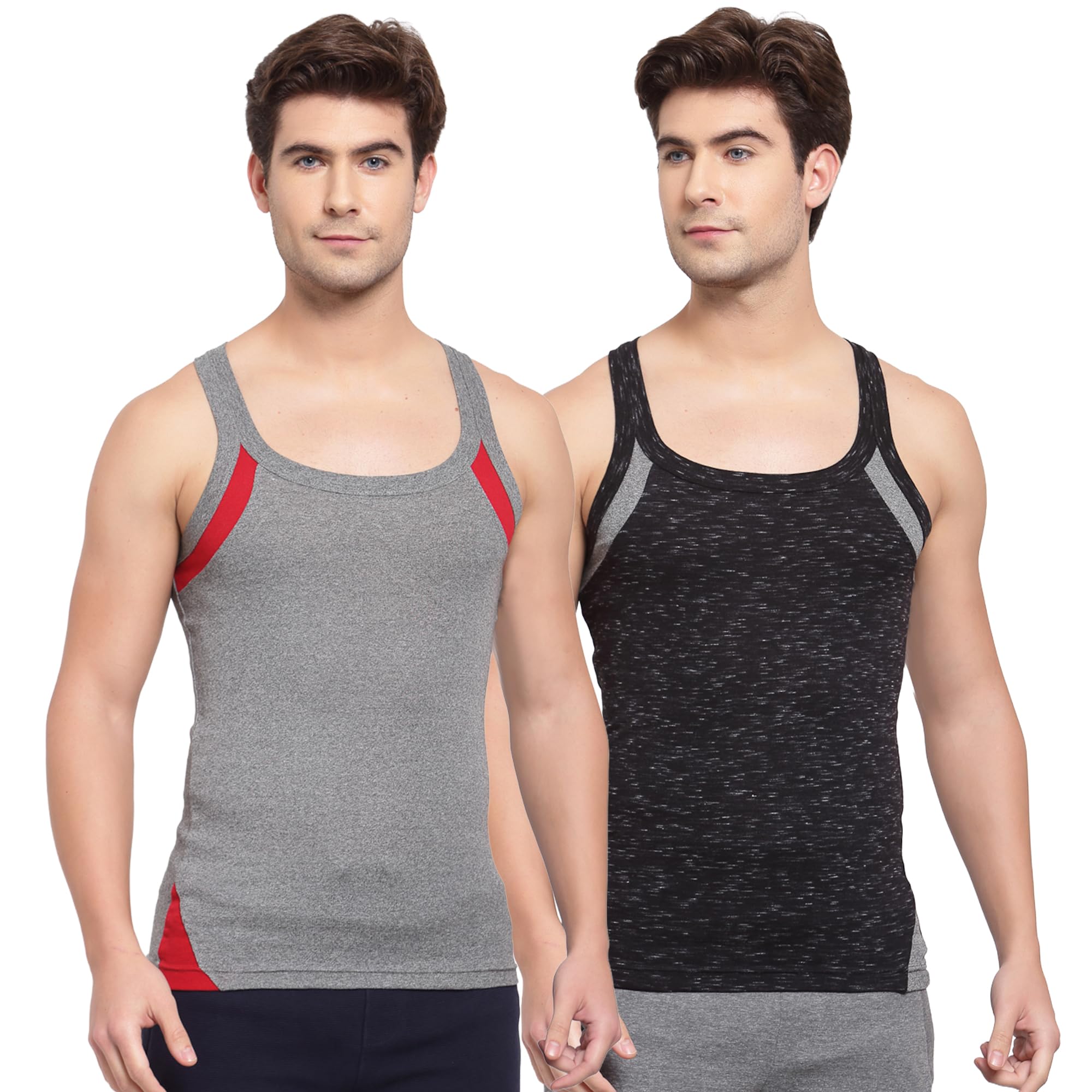 sporto Men's Pure Cotton Solid Side Contrast Panel Gym Vest pack of 2-Assorted-picture-12