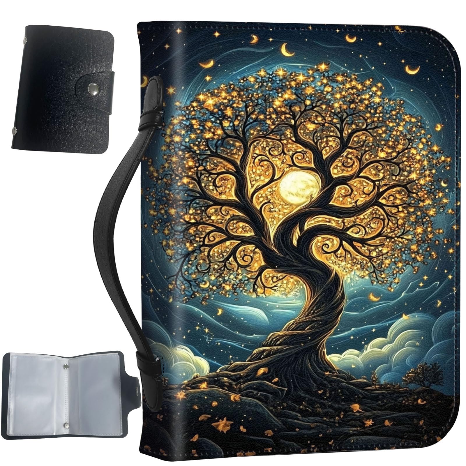 PU Leather Bible Cover with Handle & Pockets, Large Capacity Bible Case, Water-Resistant Scripture Organizer Bag with Bonus Card Holder, Christian Gift for Women & Men, Glowing Tree