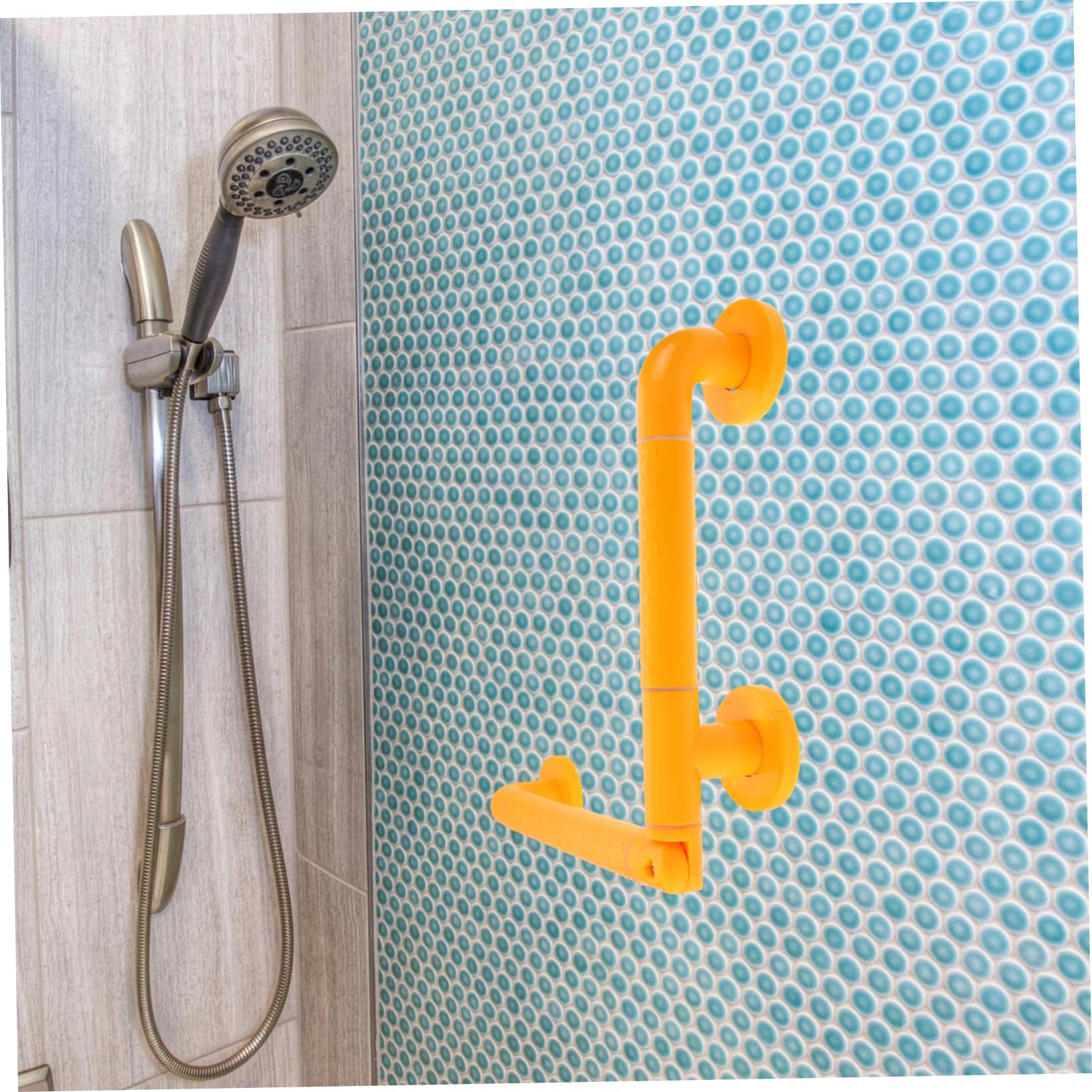 Barra de Apoyo para Baño Amarilla de Plástico y Acero Inoxidable | Bañera y Ducha, Agarre Antideslizante y Cómodo, Pensado para Niños y Personas Discapacidad