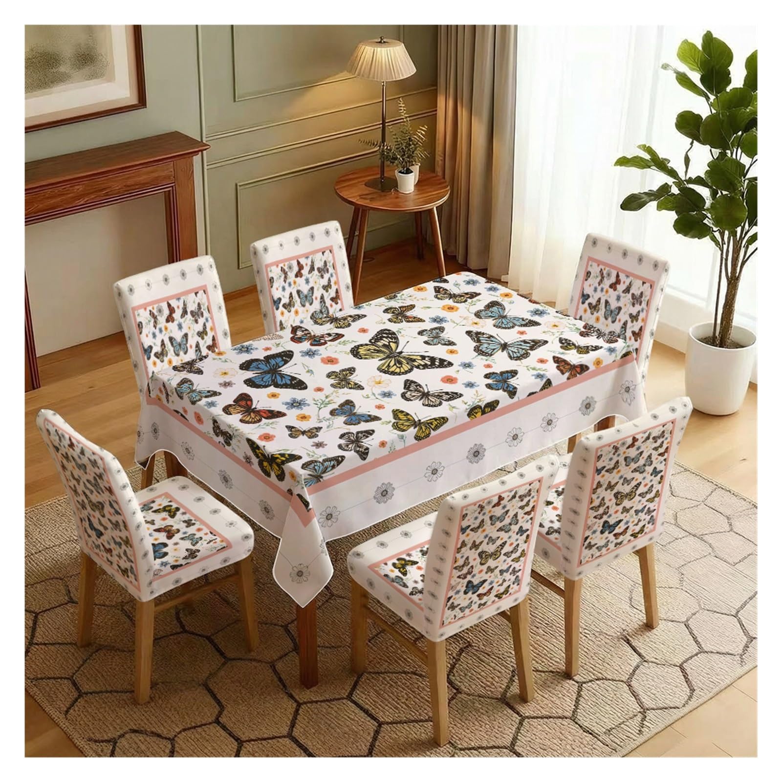 KXUAUV Colorful Butterfly Print Stretch Dining Chair Covers & Tablecloth Set, 5/7 Pack Party Decor(7pcs Set: Tablecloth+Chair Covers)