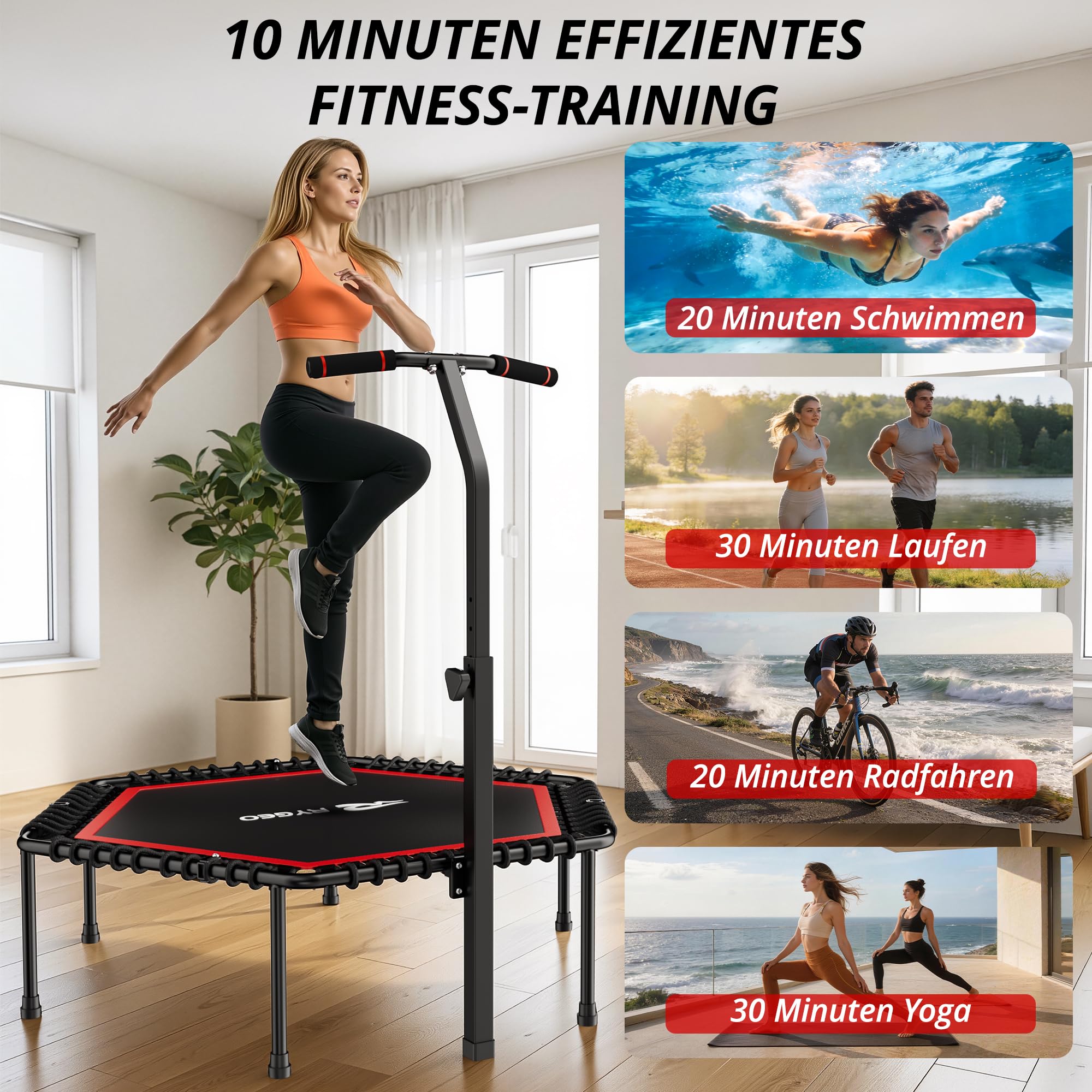 50-Zoll-Fitness-Trampolin für Erwachsene – Indoor-Rebounder mit stabilem Rahmen, ideal für das Training zu Hause und Sportübungen. Maximale Belastbarkeit 230 kg.