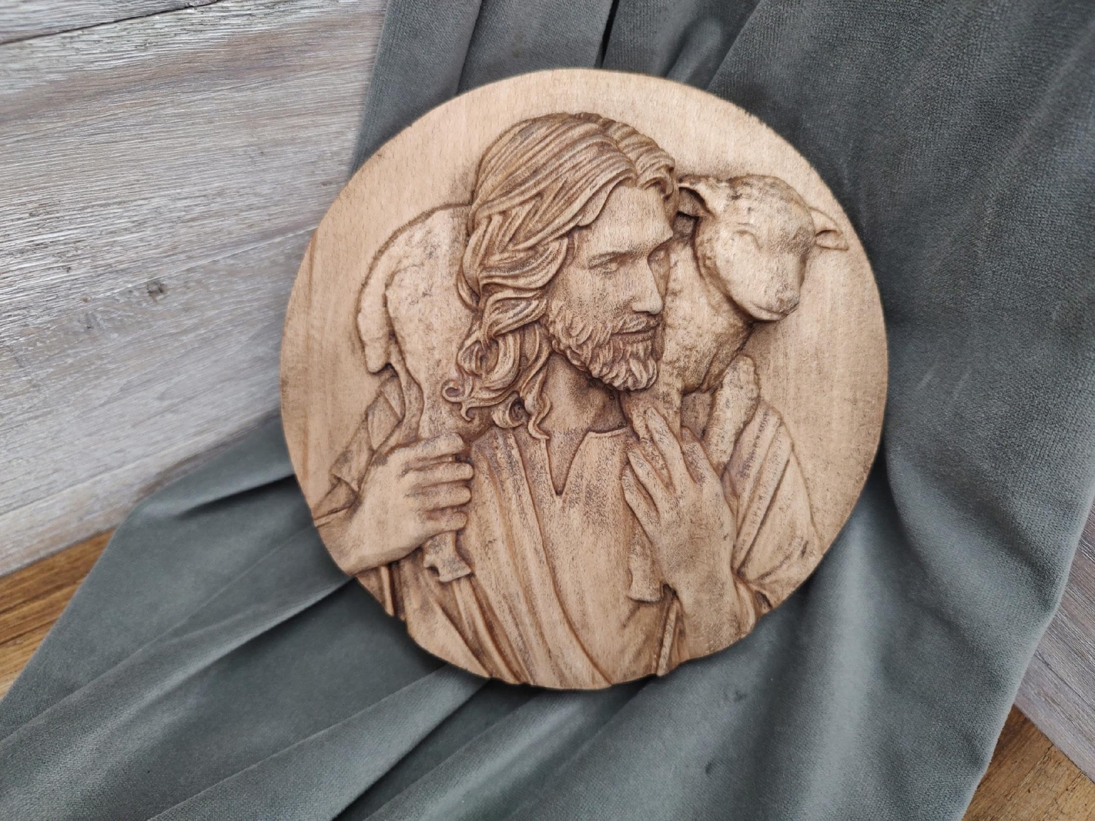 Peinture en bois en relief Jésus Agneau 35 cm, tableau d'art chrétien haut de gamme