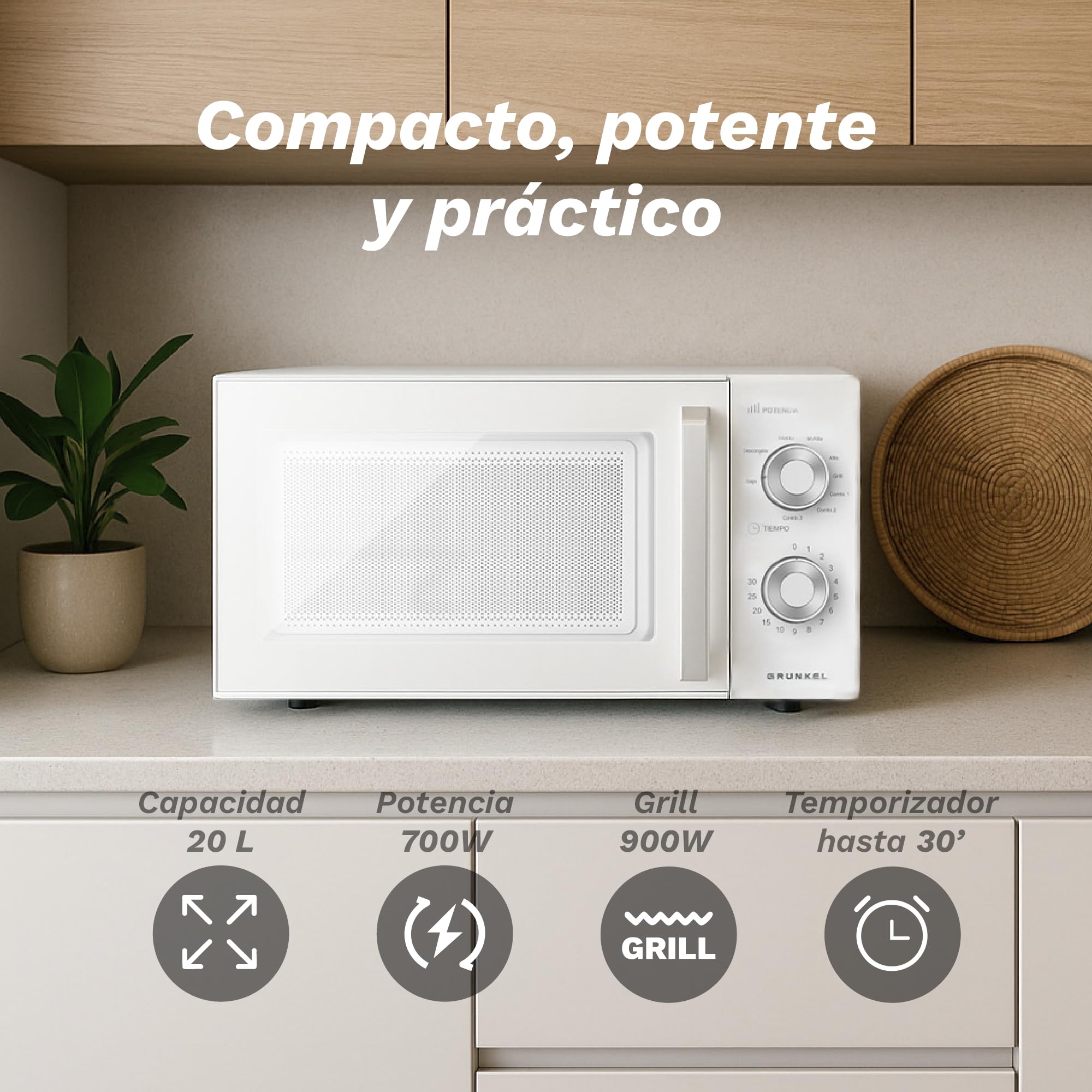 Grunkel Microondas con grill de 20 Litros, 700W + 900W Grill 5-6 Niveles de Potencia, 3 Modos Combinados, Temporizador 30 min Apertura con Tirador y Bandeja Ø245 mm
