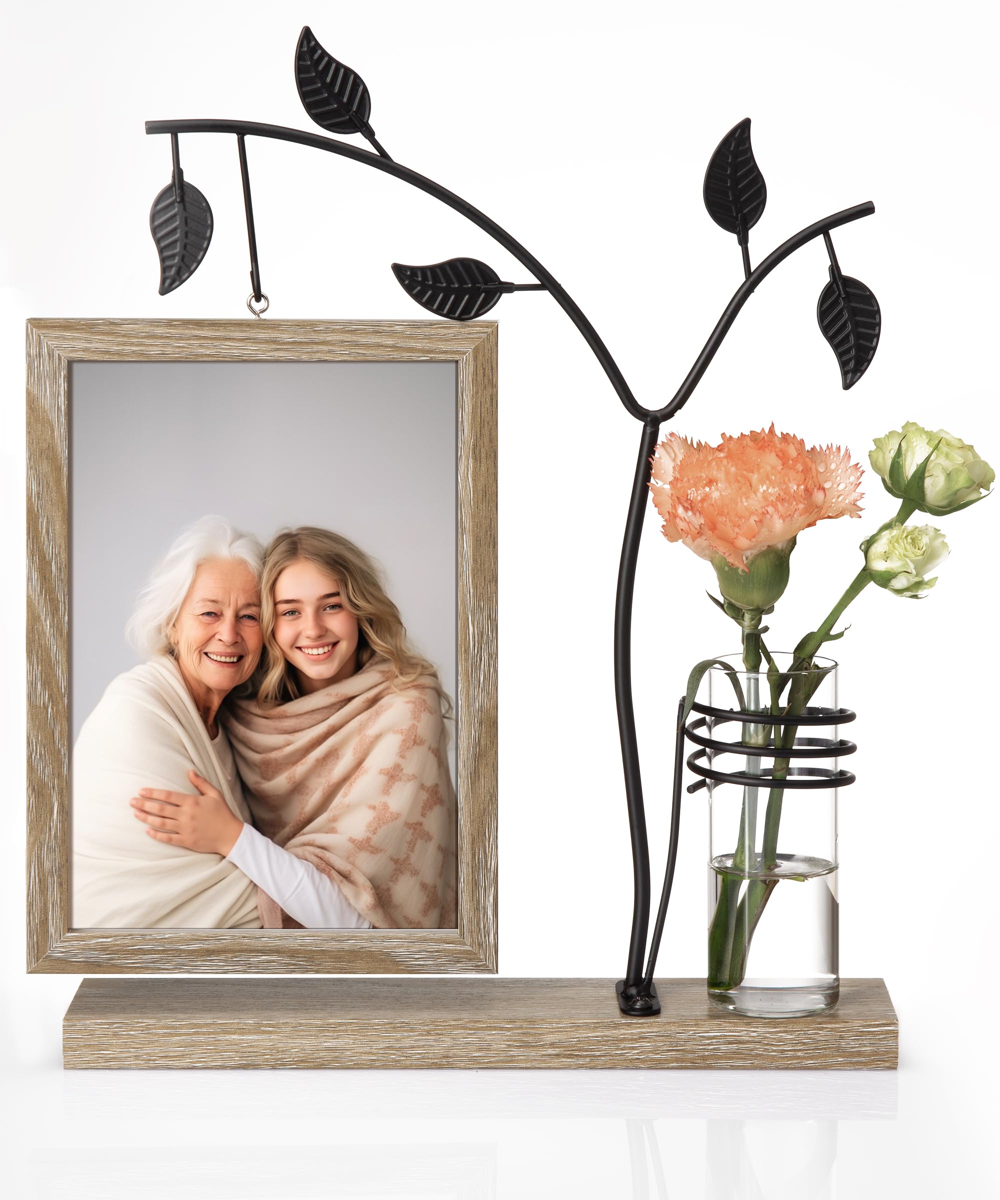 Afuly Cornice Foto Legno Vintage 13x18 per Marrone Naturale con Vaso e Albero Metallo Decorazione Tavolo Regalo Compleanno Trasloco Laurea Matrimonio per Donna Mamma Nonna Amici Famiglia Coppia