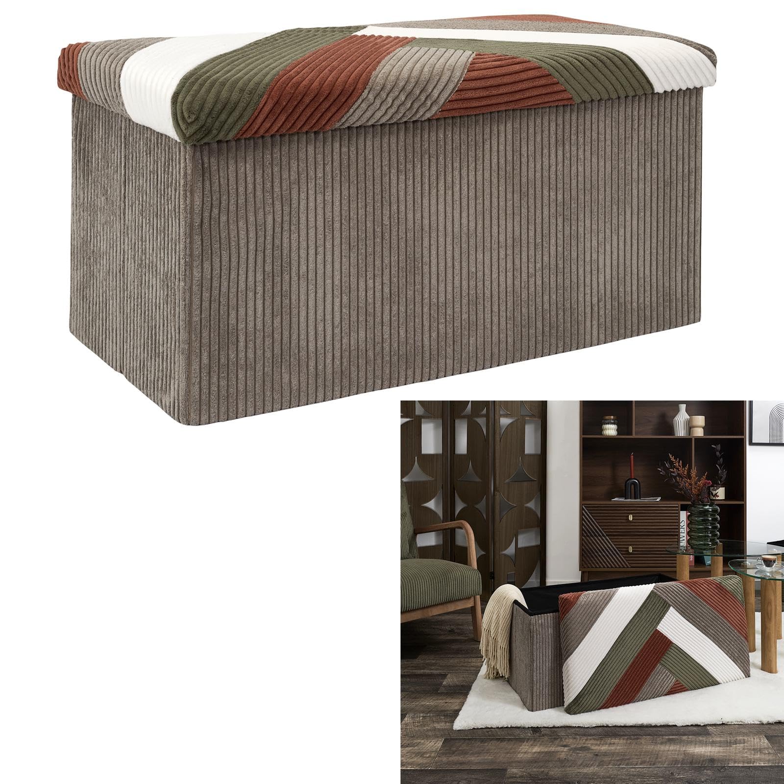 Home Deco Factory, HD0551, Panca Pieghevole Cotele Patchwork Multifunzionale, Pratico Contenitore e comodità di Seduta, Ideale per Soggiorno,Dimensioni 76x38x38 cm, Beige, Grigio, Rosso, Verde