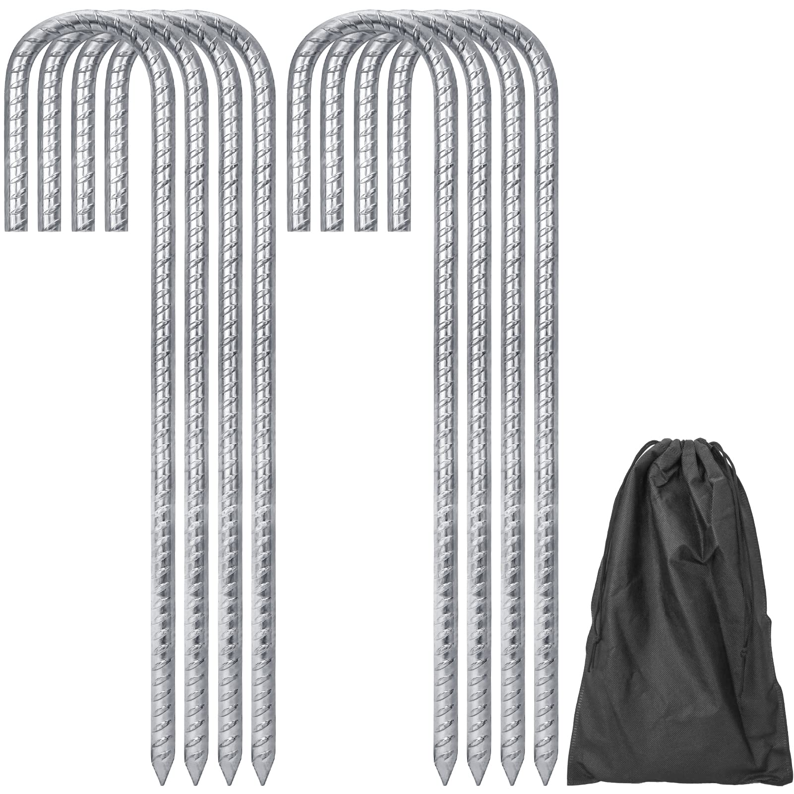 8 Pcs Tent Pegs Metal Heavy Duty with Bag Storage, WEWINK PLUS 12 Inch 8mm Thick Galvanized Tent Pegs, Steel Ground Pegs J-Shape Rebar Stakes Tent Peg for Camping, Trampoline, Gazebos, Bouncy, Garden