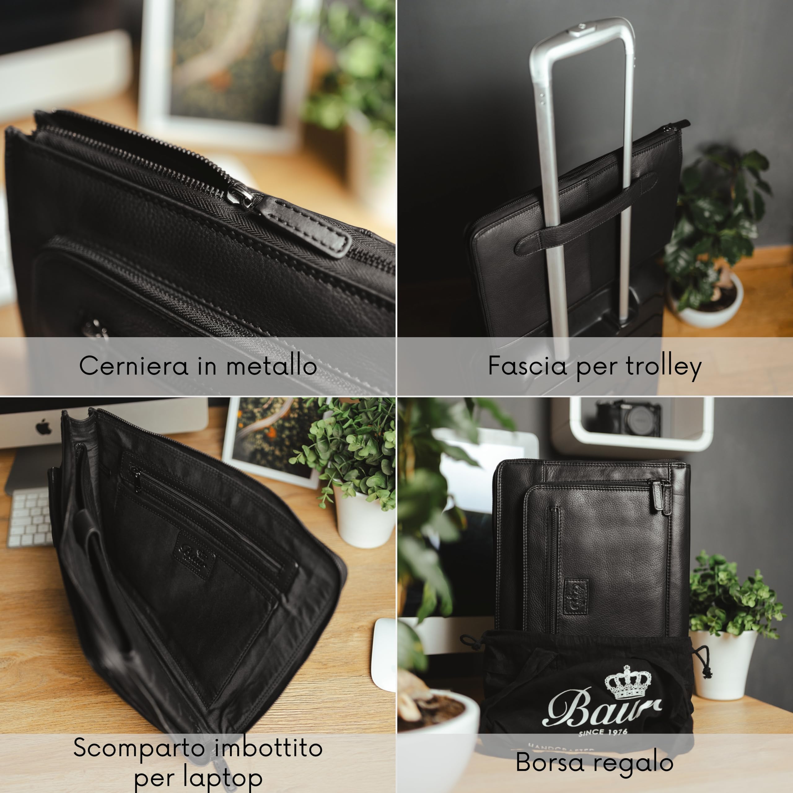 Baur - Borsa per notebook in vera pelle, per computer portatile fino a 13,3 pollici, realizzata a mano, con design sottile, pratica tasca frontale
