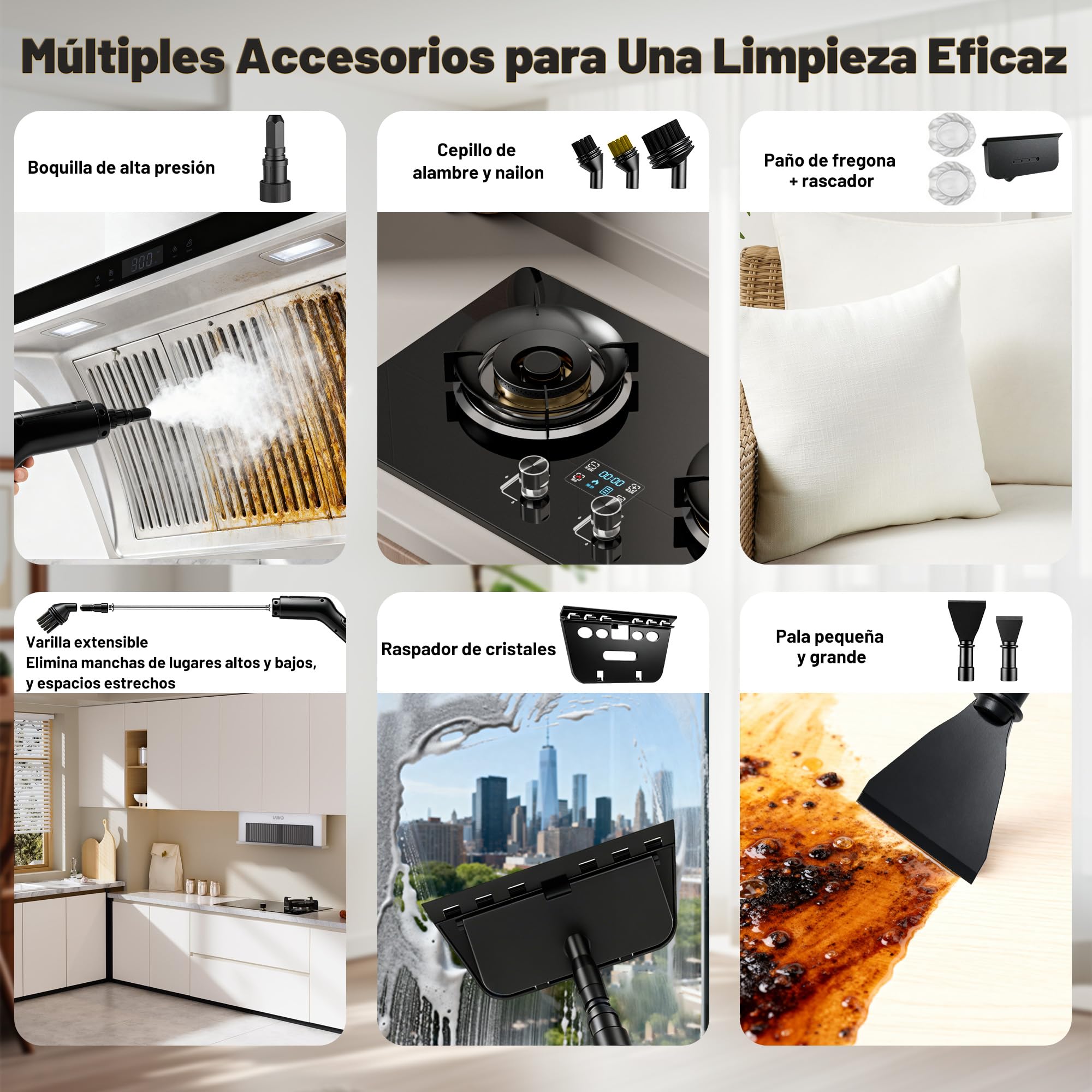 Limpiador de Vapor 2500W, 3 Niveles, 1600ml, 13 Accesorios, sin Químicos | Vaporeta Limpieza Hogar, Calentamiento en 15s, para Suelos, Cocina, Ventanas, Coche y Juntas