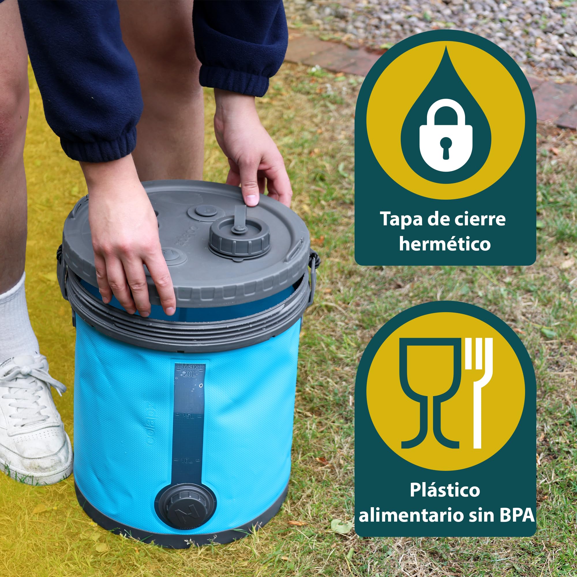 Colapz Bidón de Agua Plegable 20L Premium – Sin BPA Contenedor de Camping con Tapa Bloqueable y Grifo