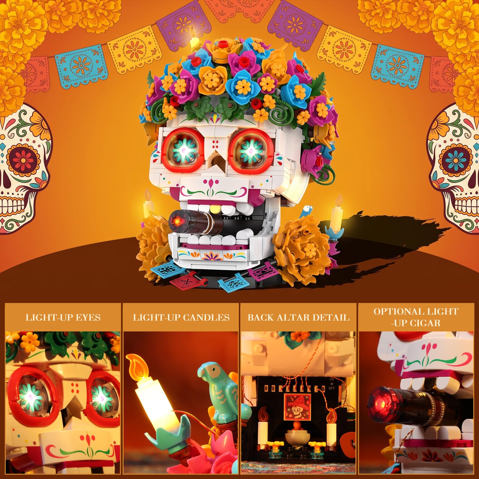 JMBricklayer Calavera Zuckerschädel Totenkopf Klemmbausteine mit LED 40008 | 986PCS Calavera Día de los Muertos Blumen Deko Bausatz mit LED Augen, 3 Kerzen & Gedenkaltar. Für Erwachsene ab 14