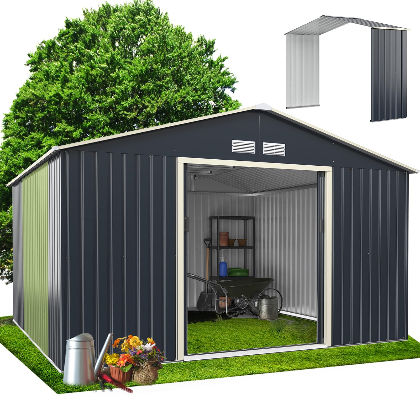 RELAX4LIFE Abri de Jardin Métal 10m2 avec Abri d'Extension Porte Coulissante, Cabane de Jardin Extérieur 340x319x210cm Outils de Jardin résistant aux intempéries