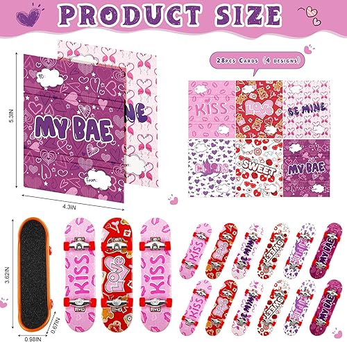 Miniatura 2 de Paquete de 36 tablas de dedo con 36 tarjetas de felicitación para el día de San Valentín, mini patinetas para patinetas de dedos para regalo de San