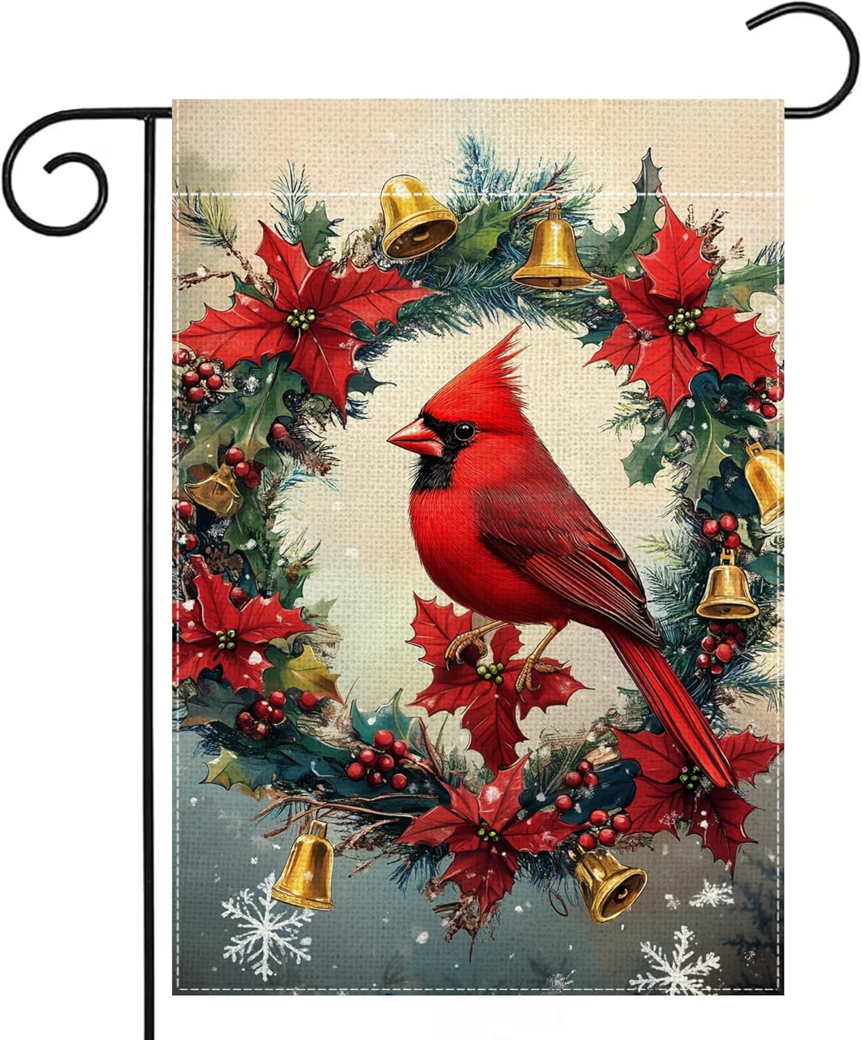 Winter Red Bird Snowflake Garden Flag 12x18 Inch Double Sided Cardinal Christmas Bell Yard Outdoor Flag House Holiday Outside Decoration