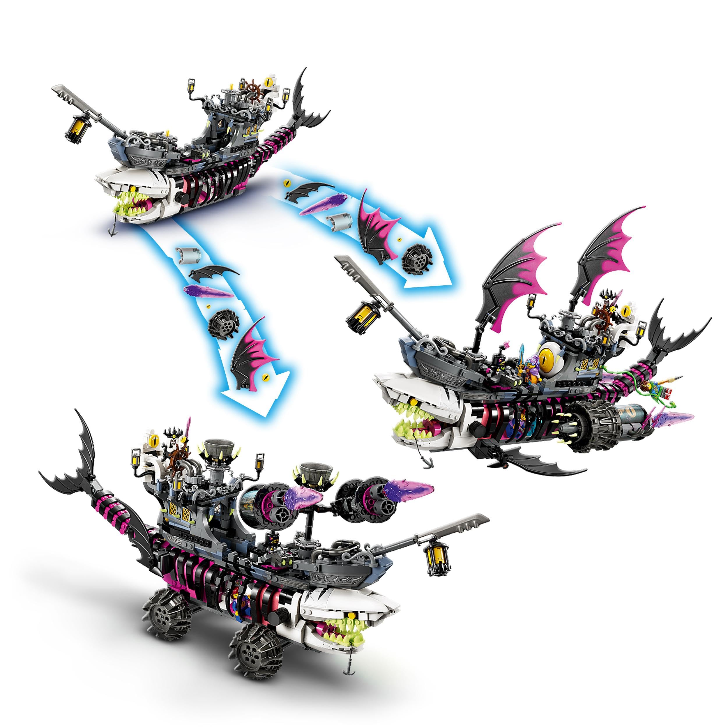 LEGO DREAMZzz 2 in 1 Nave-Squalo Nightmare, Nave Pirata Giocattolo da Costruire in 2 Modi, Giochi per Bambini e Bambine, Barca dei Sogni con Minifigure di Mateo, Izzie, Nova e del Re dell'Incubo 71469