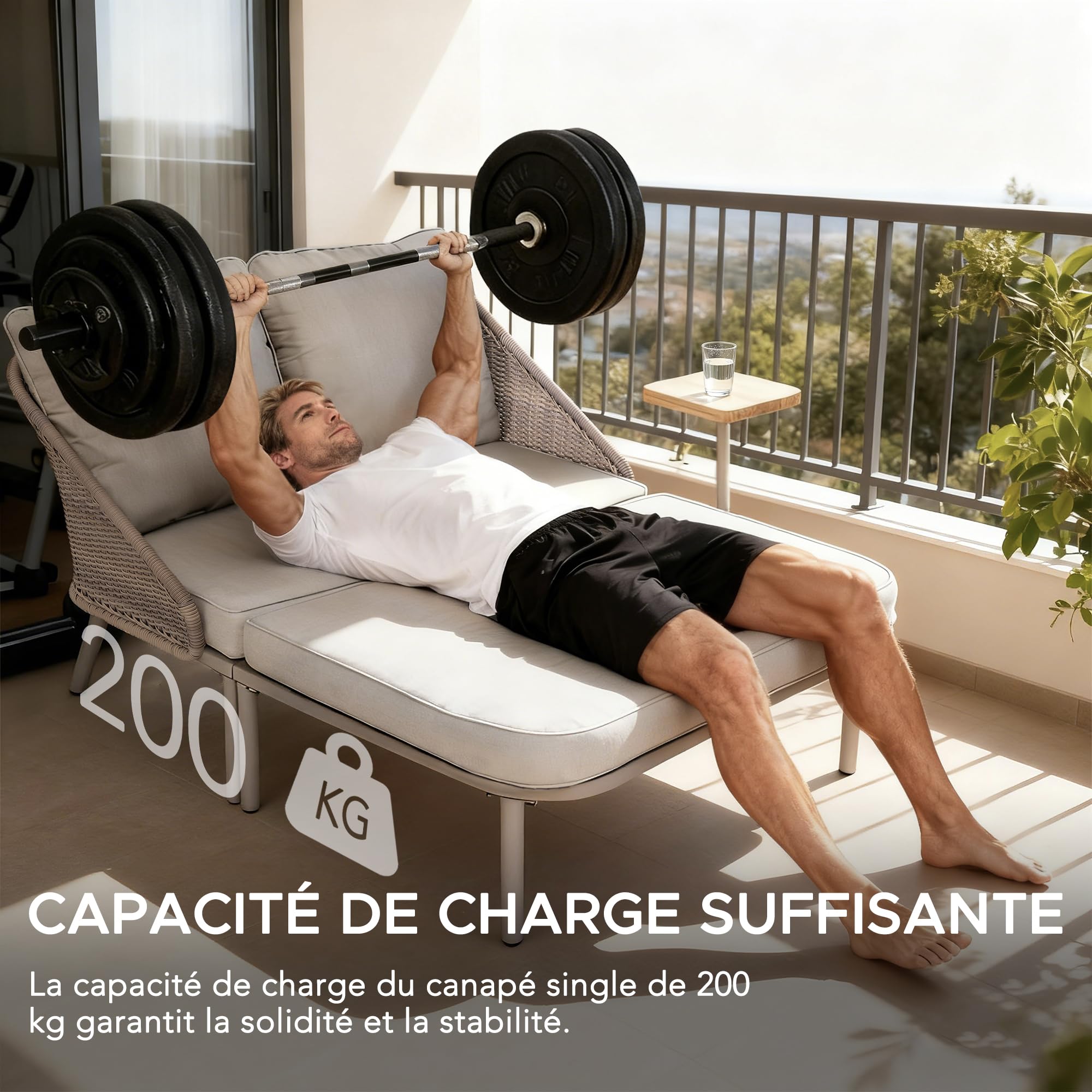 Sunjoy Lit Baningue Double d'Extérieur, avec Plateaux Latéraux et Coussins, Dossier en Rotin, Structure Métallique, Ensemble Canapé pour Bord de Piscine, Jardin - Gris