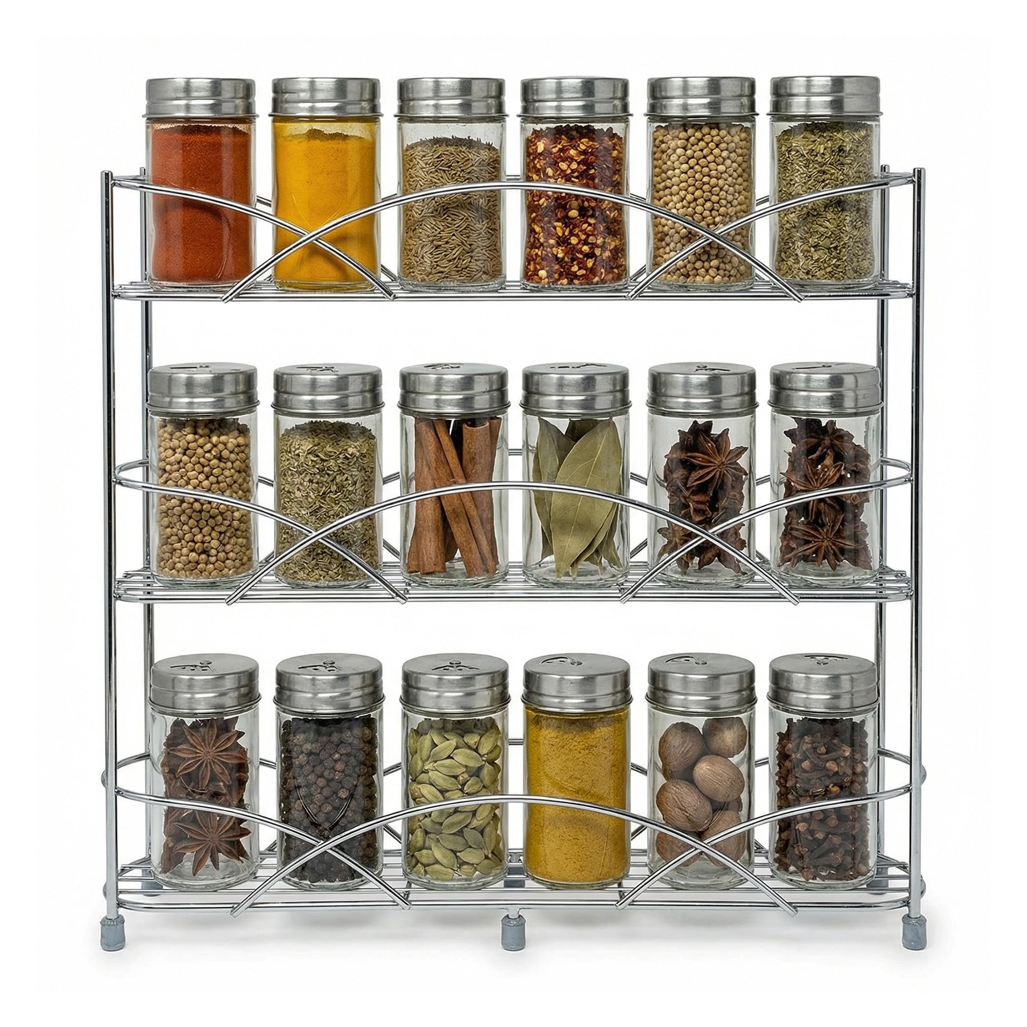 joeji's Kitchen Gewürzregal Stehend Organizer - Für Gewürz und Kräuter Gläser - Hält bis zu 21 Gewürzdosen - Enthält 2 Saugnäpfe für Stabilität - Ohne Bohren - Gewürzständer (Silber)