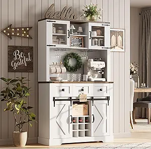 72" Farmhouse Bar Cabinet with Sliding Barn Door, Tall Kitchen Buffet with Storage Hutch and 3 Drawer, Rustic Coffee Wine Bar Sideboard with Wine & Glasses Rack, for Living Room, Pure White