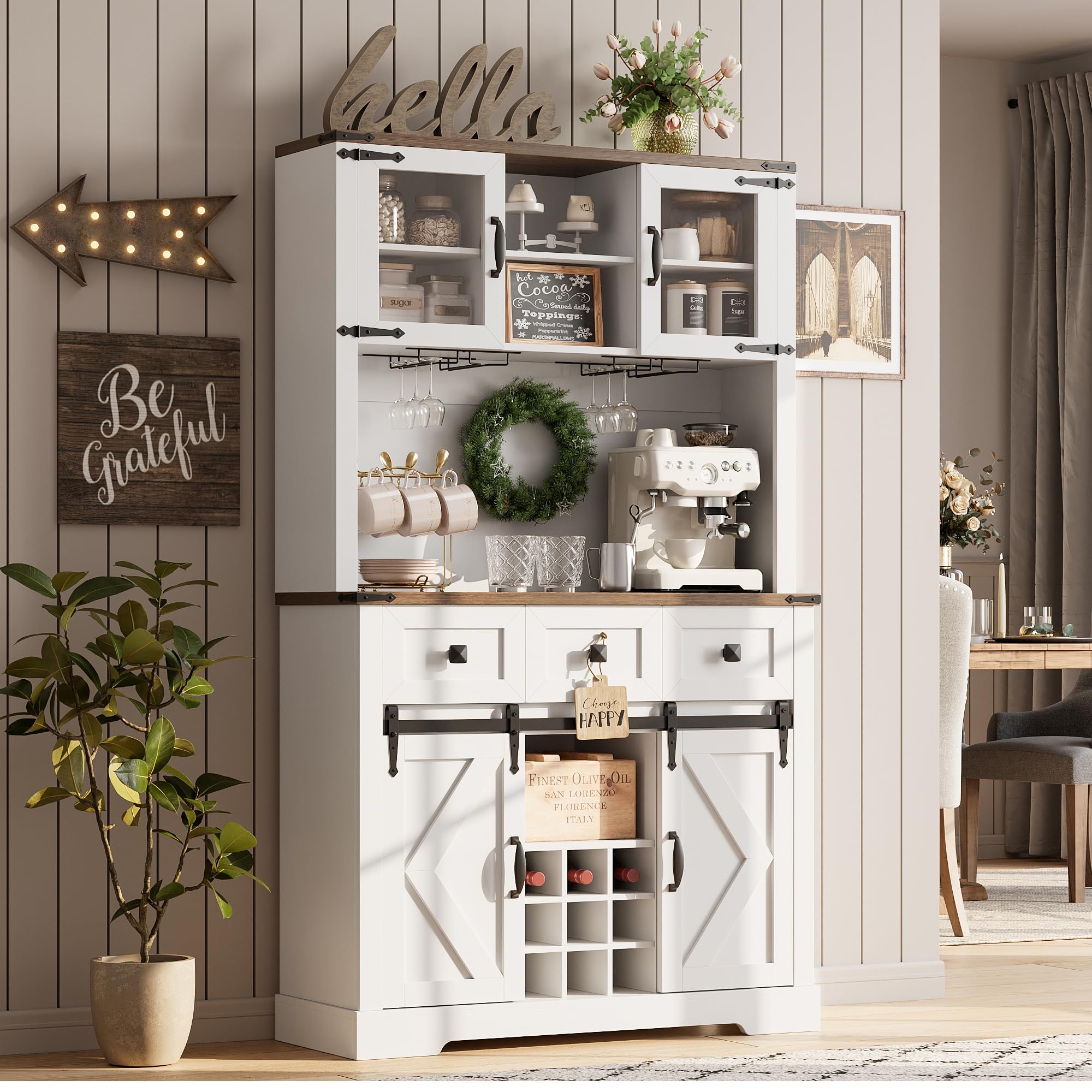 72 in Farmhouse Bar Cabinet with Sliding Barn Door, Tall Kitchen Buffet with Storage Hutch and 3 Drawer, Rustic Coffee Wine Bar Sideboard with Wine & Glasses Rack, for Living Room, Pure White