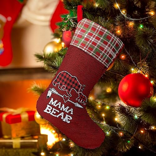 Miniatura 7 de Medias de Navidad de búfalo a cuadros rojos con lentejuelas, bolsa de regalo para fiestas de árbol de Navidad