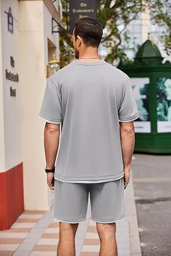 Miniatura 4 de COOFANDY Conjunto de camisa y pantalones cortos de gofre para hombre, conjunto de 2 piezas, conjunto casual de verano con bolsillos