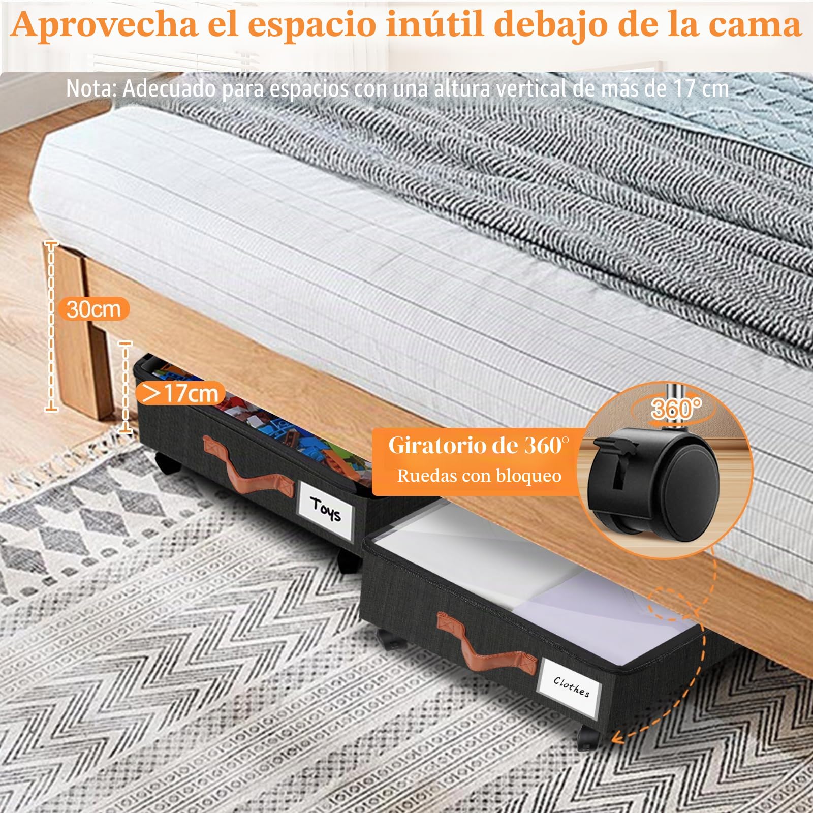 2 Piezas Cajas Almacenaje Ropa con Ruedas, Negro 38L Grande Caja Bajo Cama con Tapa Ventana Visible Marco Metálico Almacenaje Bajo Cama Para Zapatos Mantas Ropa Juguetes Libros Edredones