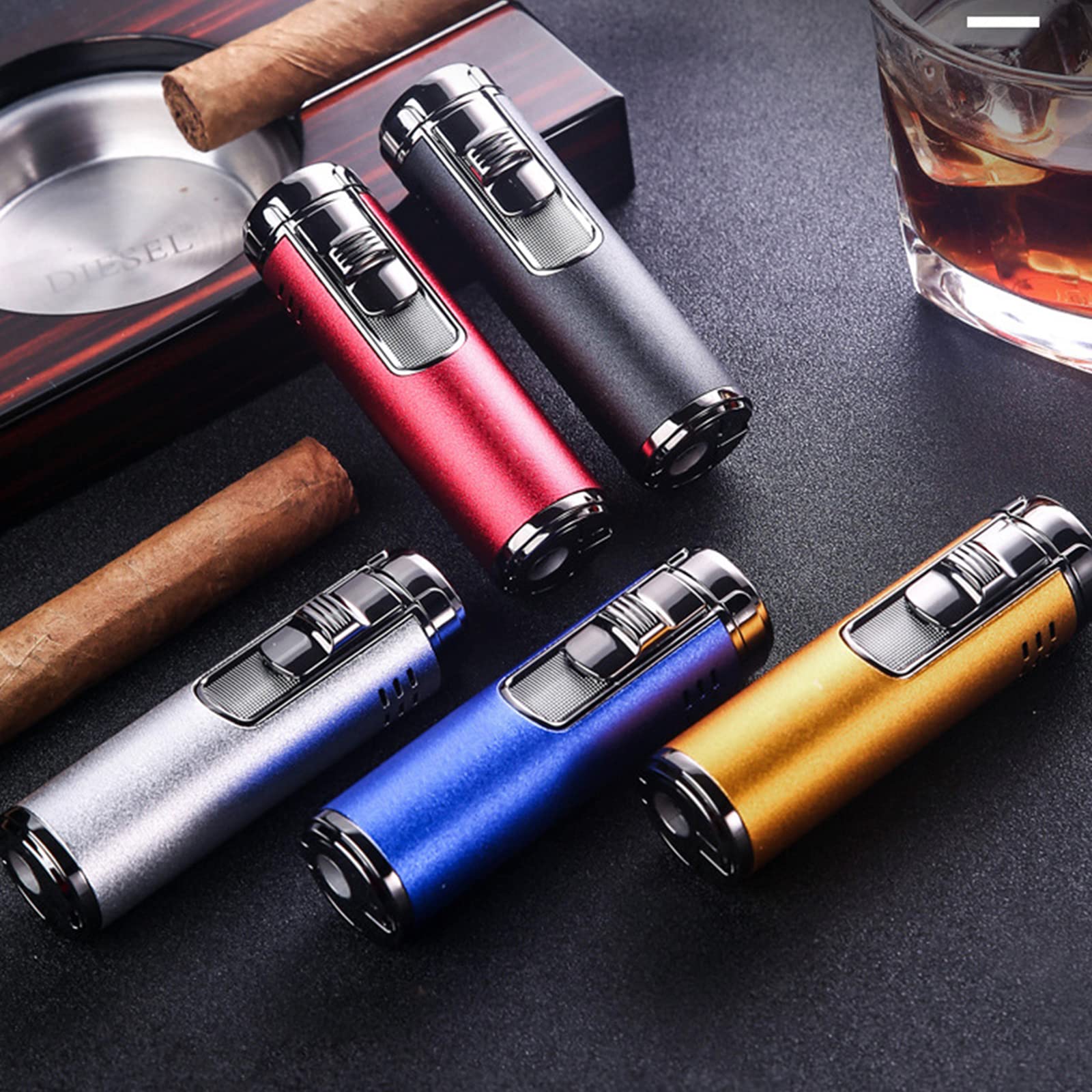Generic Briquet Gonflable en Métal Cylindrique 4 Jet Flamme Rouge Rechargeable Butane Briquet Cigarette Allume-Cigare Accessoires Fumeurs pour Hommes,Silver