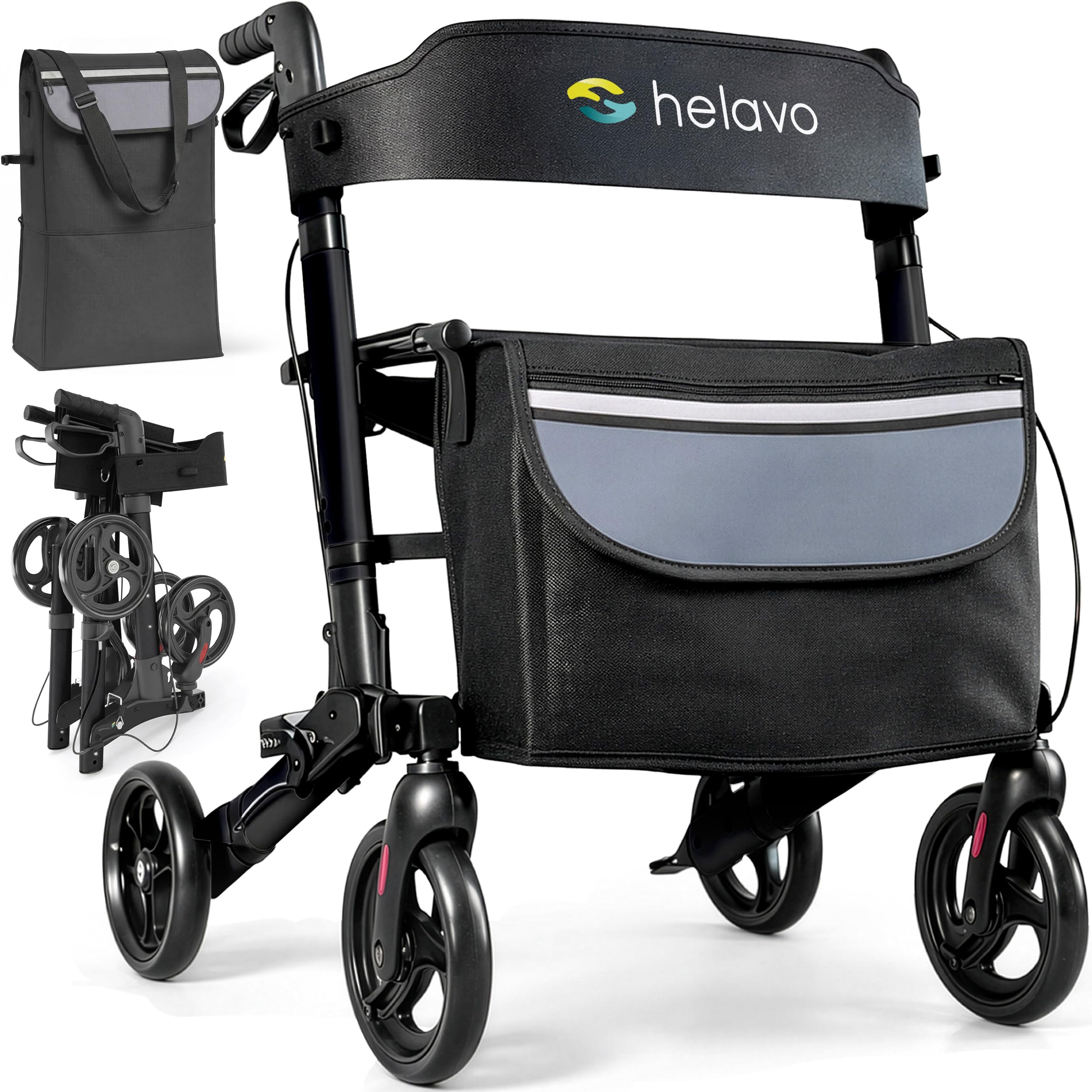 Helavo deambulatore per anziani pieghevole in alluminio con seduta schienale - freni rollator leggero 4 ruote - girello pieghevole per interni ed esterni supporto fino a 136 kg