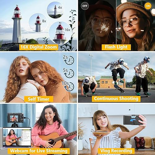 Miniatura 6 de Cámara digital 4K para enfoque automático de fotografía, cámara de vlogging WiFi mejorada de 64 MP para YouTube con pantalla abatible de 180° de 3