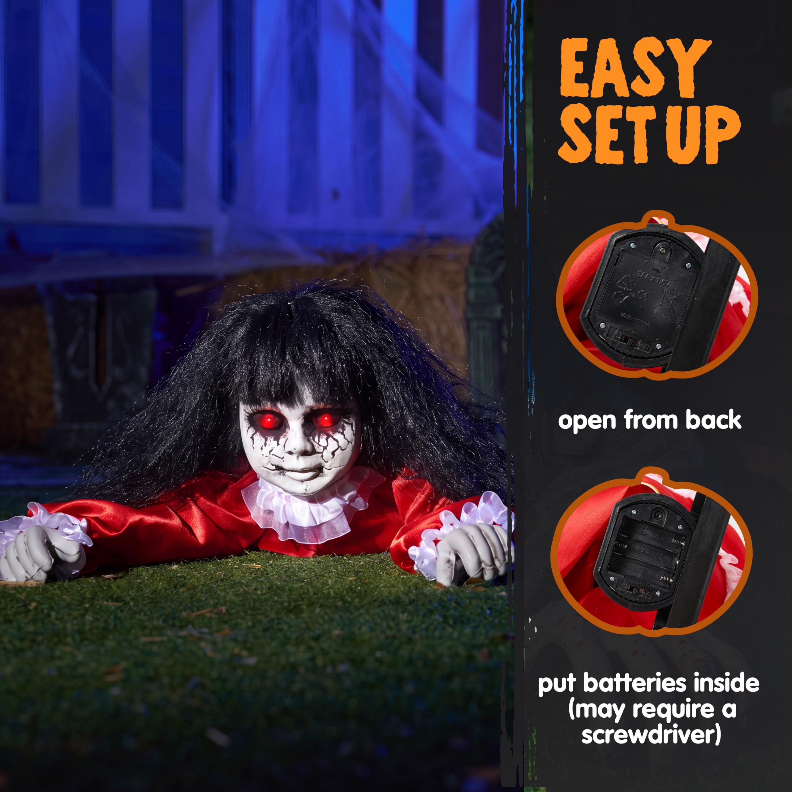 JOYIN Décorations animatroniques d'Halloween - Poupée rampante effrayante pour Halloween - Décoration extérieure effrayante pour maison hantée - Activation sonore avec sons et lumières
